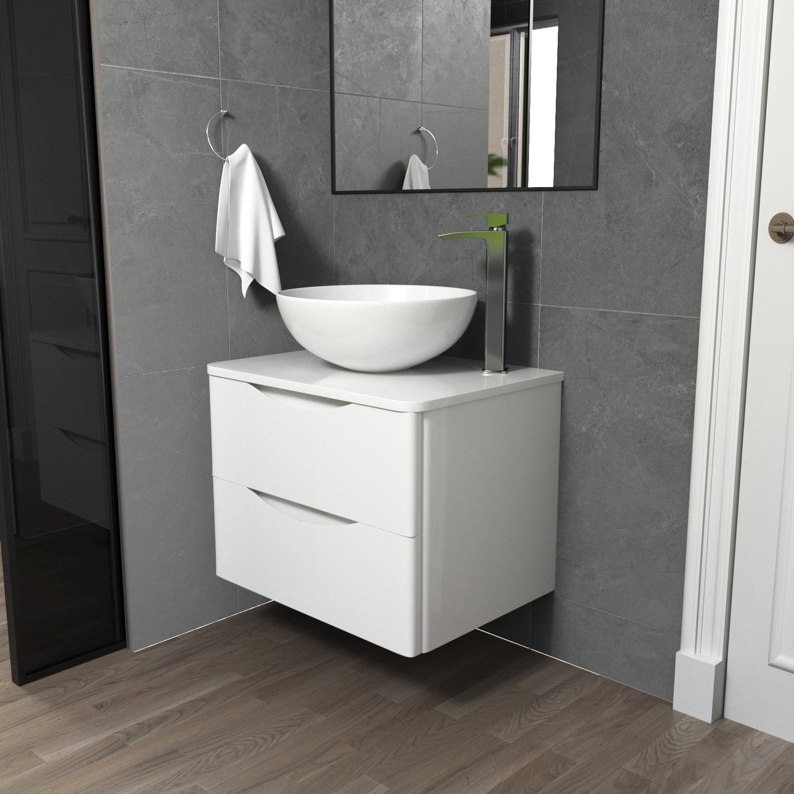 Merton White 600mm Bathroom Wall Hung Vanity Unit With Round Ceramic Countertop 420mm Basin