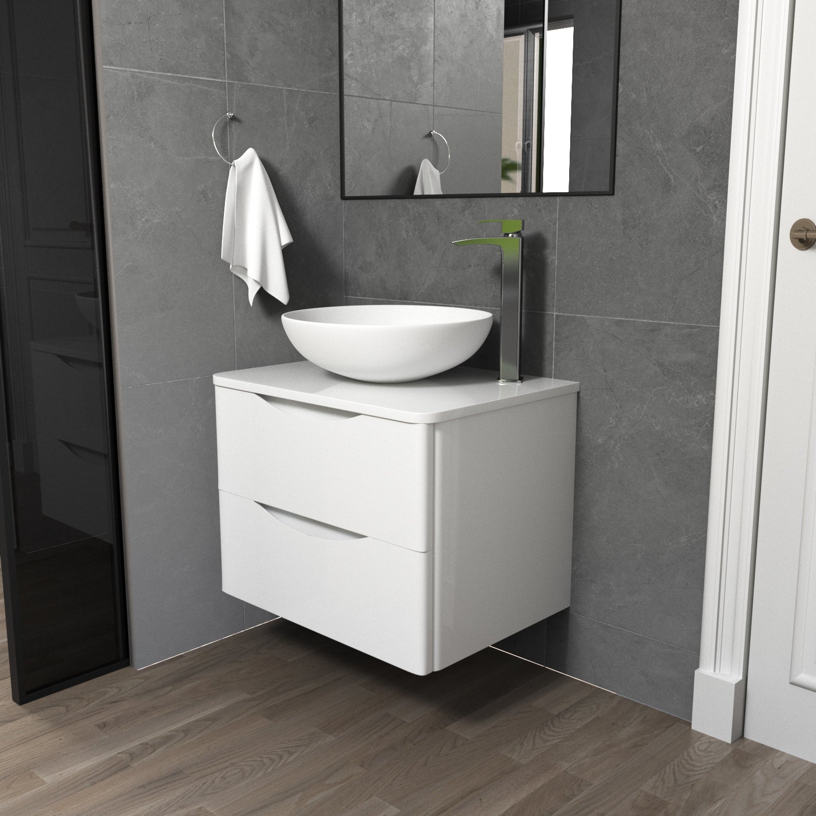 Merton White 600mm Bathroom Wall Hung Vanity Unit With Round Ceramic Countertop 410mm Basin