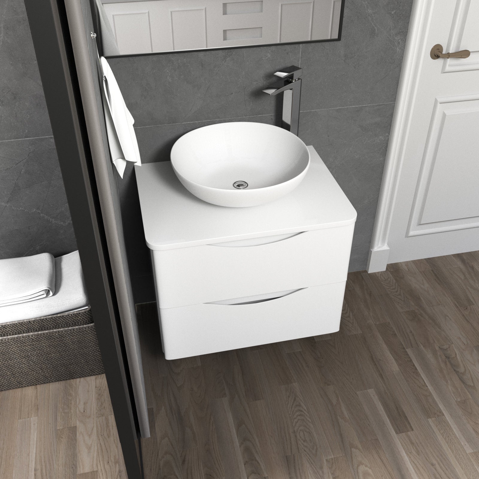 Merton White 600mm Bathroom Wall Hung Vanity Unit With Round Ceramic Countertop 410mm Basin