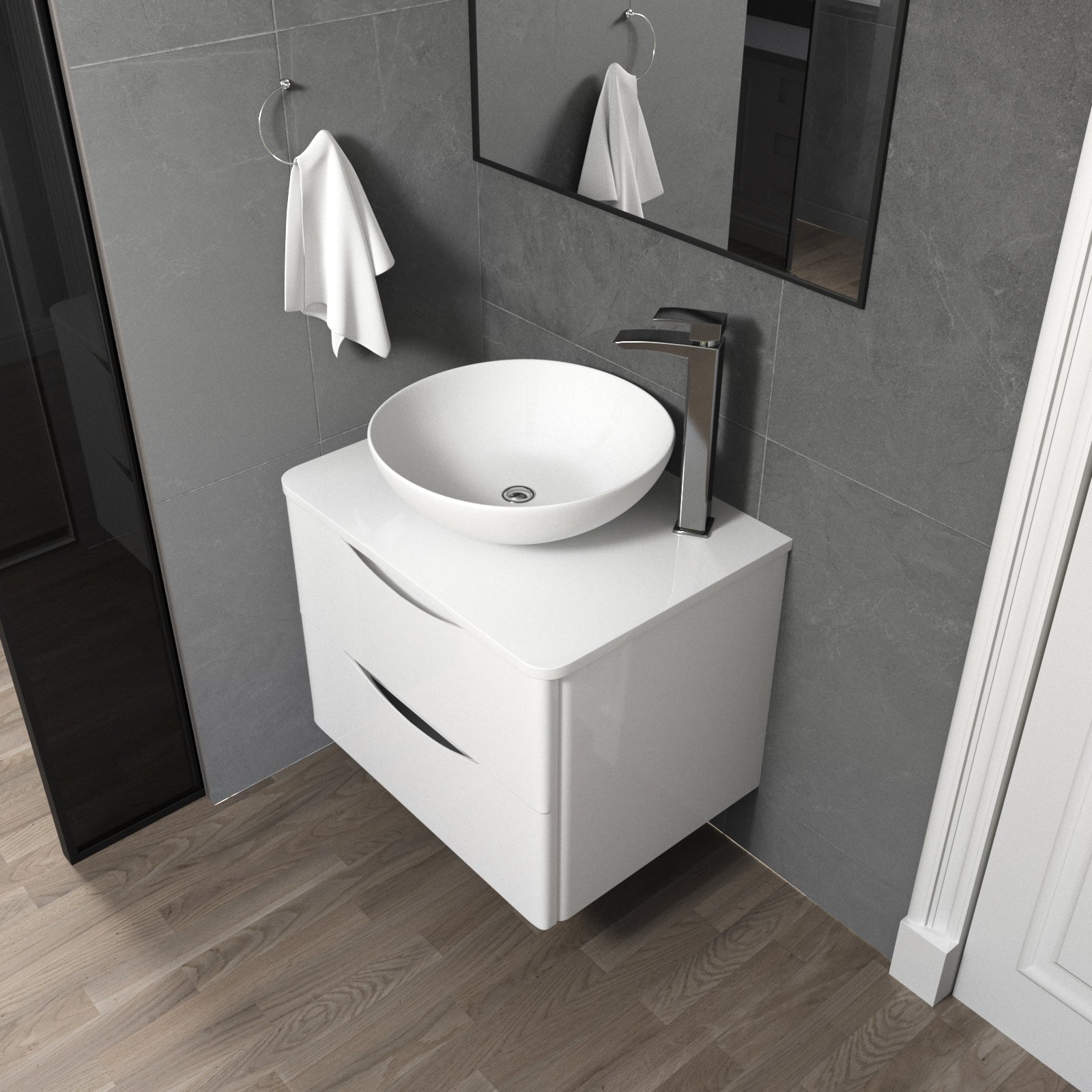 Merton White 600mm Bathroom Wall Hung Vanity Unit With Round Ceramic Countertop 410mm Basin