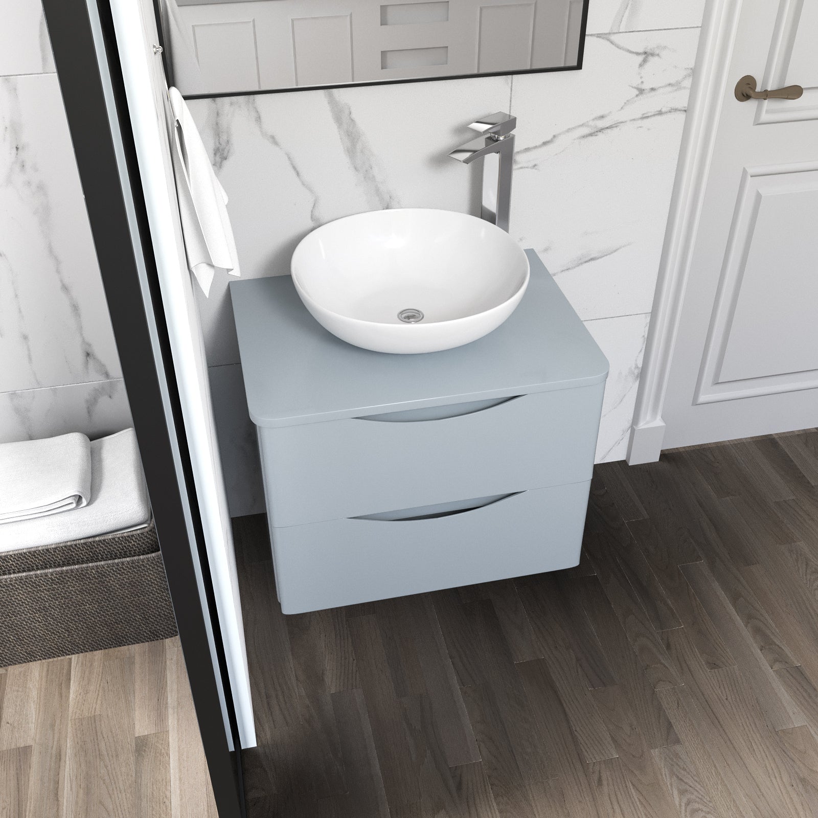 Merton Grey 600mm Bathroom Wall Hung Vanity Unit With Round Ceramic Countertop 410mm Basin