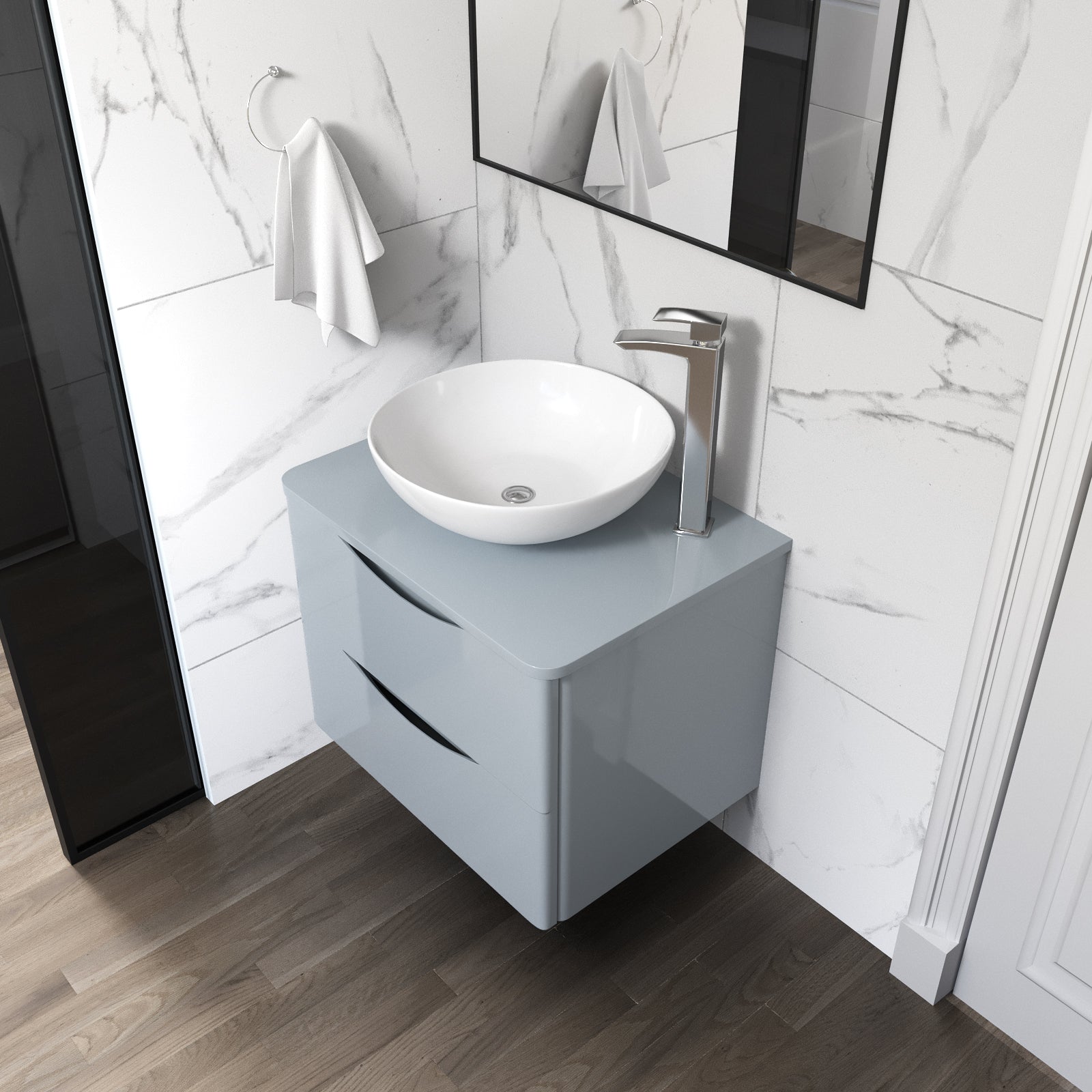 Merton Grey 600mm Bathroom Wall Hung Vanity Unit With Round Ceramic Countertop 410mm Basin