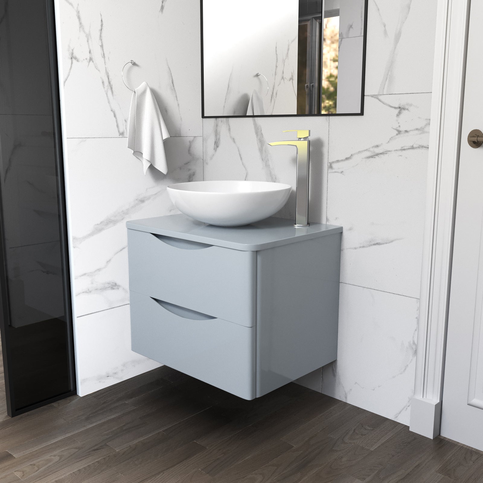 Merton Grey 600mm Bathroom Wall Hung Vanity Unit With Round Ceramic Countertop 410mm Basin