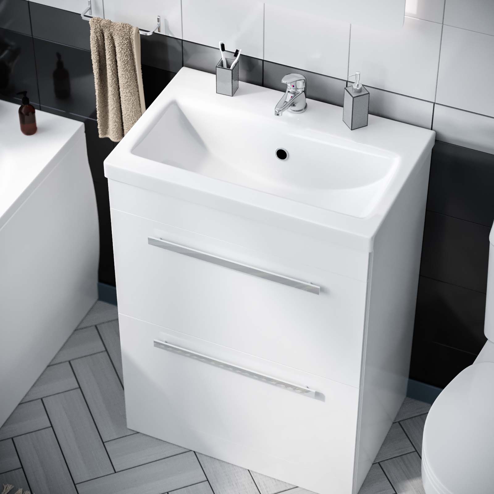 Harris 1700mm Bath, Close Coupled Toilet & 2 Drawer Nanuya Vanity Basin Cabinet