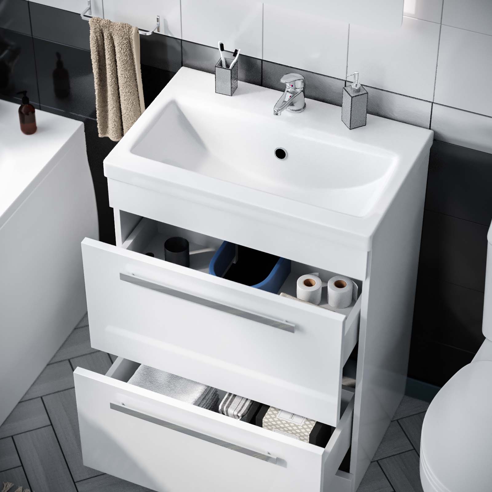 Harris 1700mm Bath, Close Coupled Toilet & 2 Drawer Nanuya Vanity Basin Cabinet