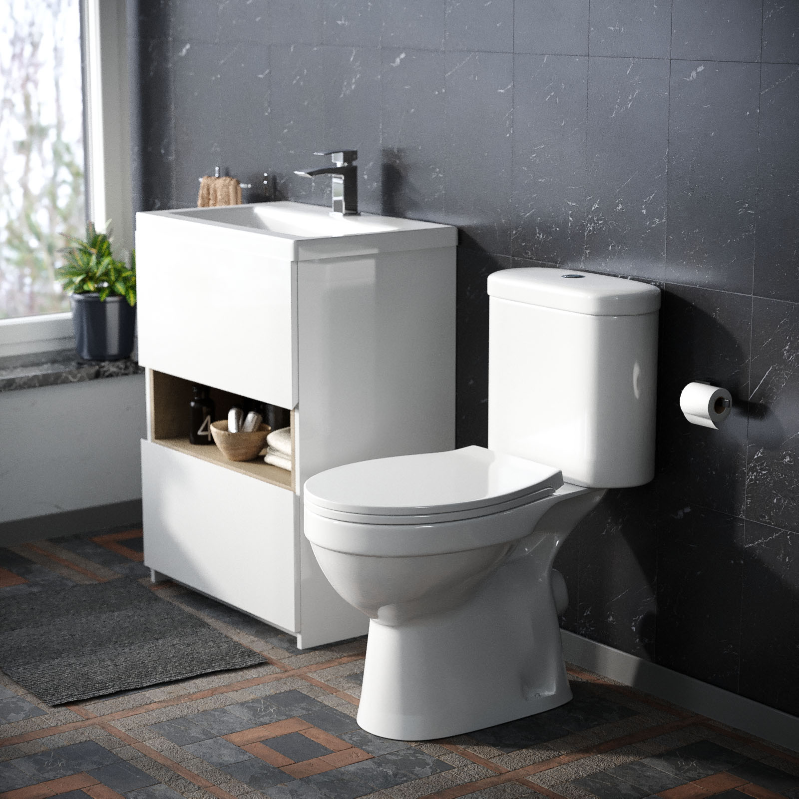 Nara 600 Gloss White Freestanding Basin Vanity & Round Close Coupled Toilet