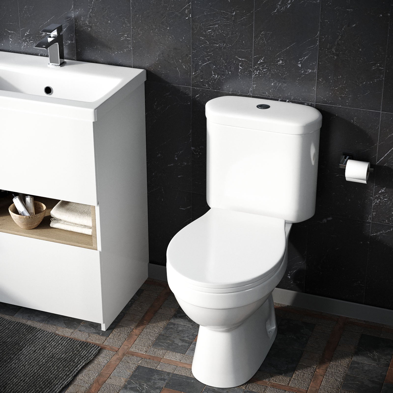 Nara 600 Gloss White Freestanding Basin Vanity & Round Close Coupled Toilet