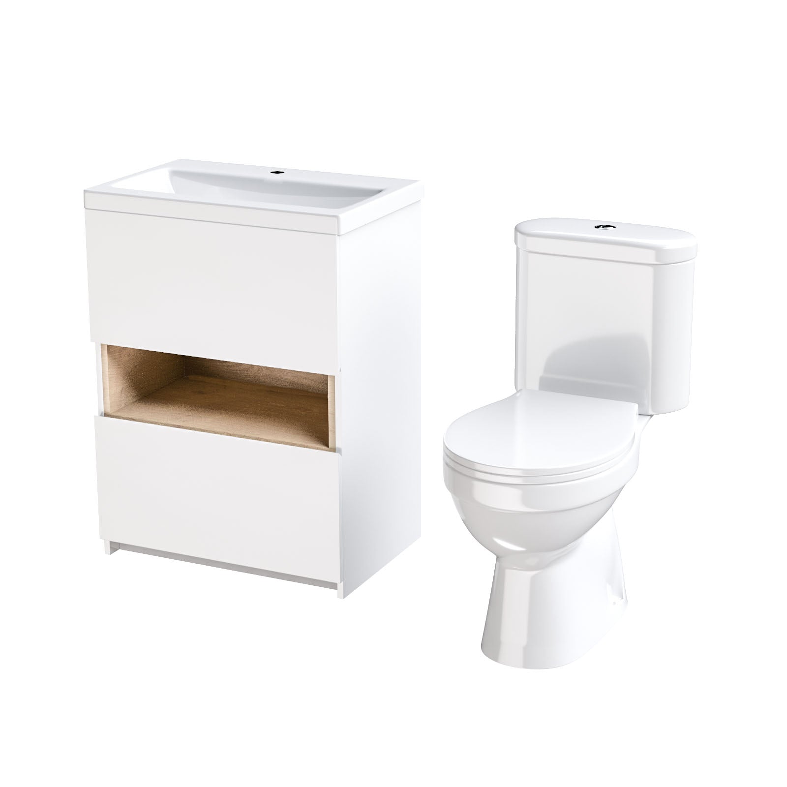 Nara 600 Gloss White Freestanding Basin Vanity & Round Close Coupled Toilet