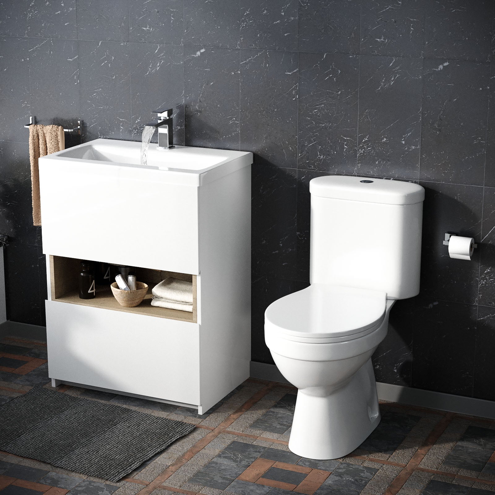 Nara 600 Gloss White Freestanding Basin Vanity & Round Close Coupled Toilet