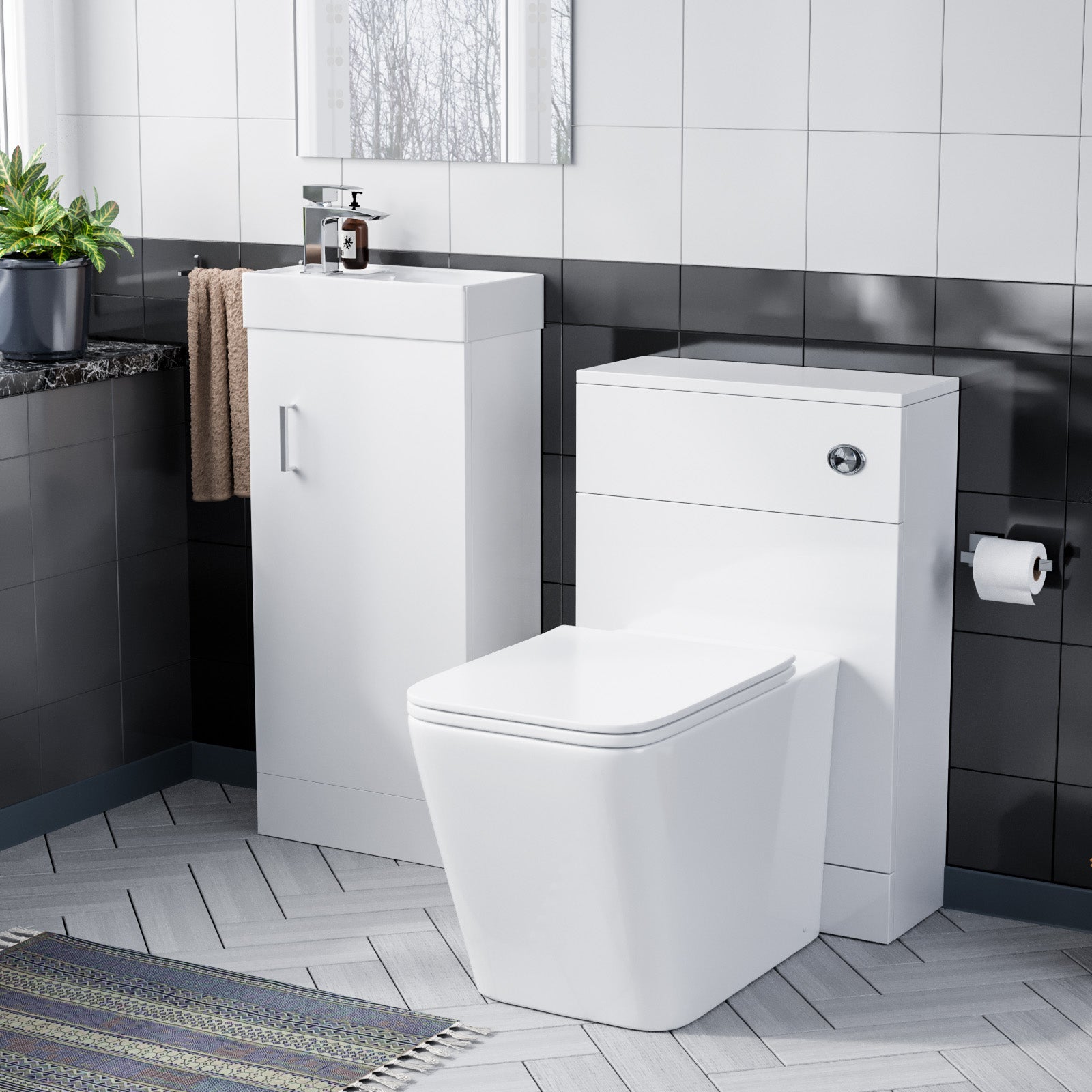 Nanuya 400mm White Floor Standing Vanity, WC Unit & Square BTW Rimless Toilet