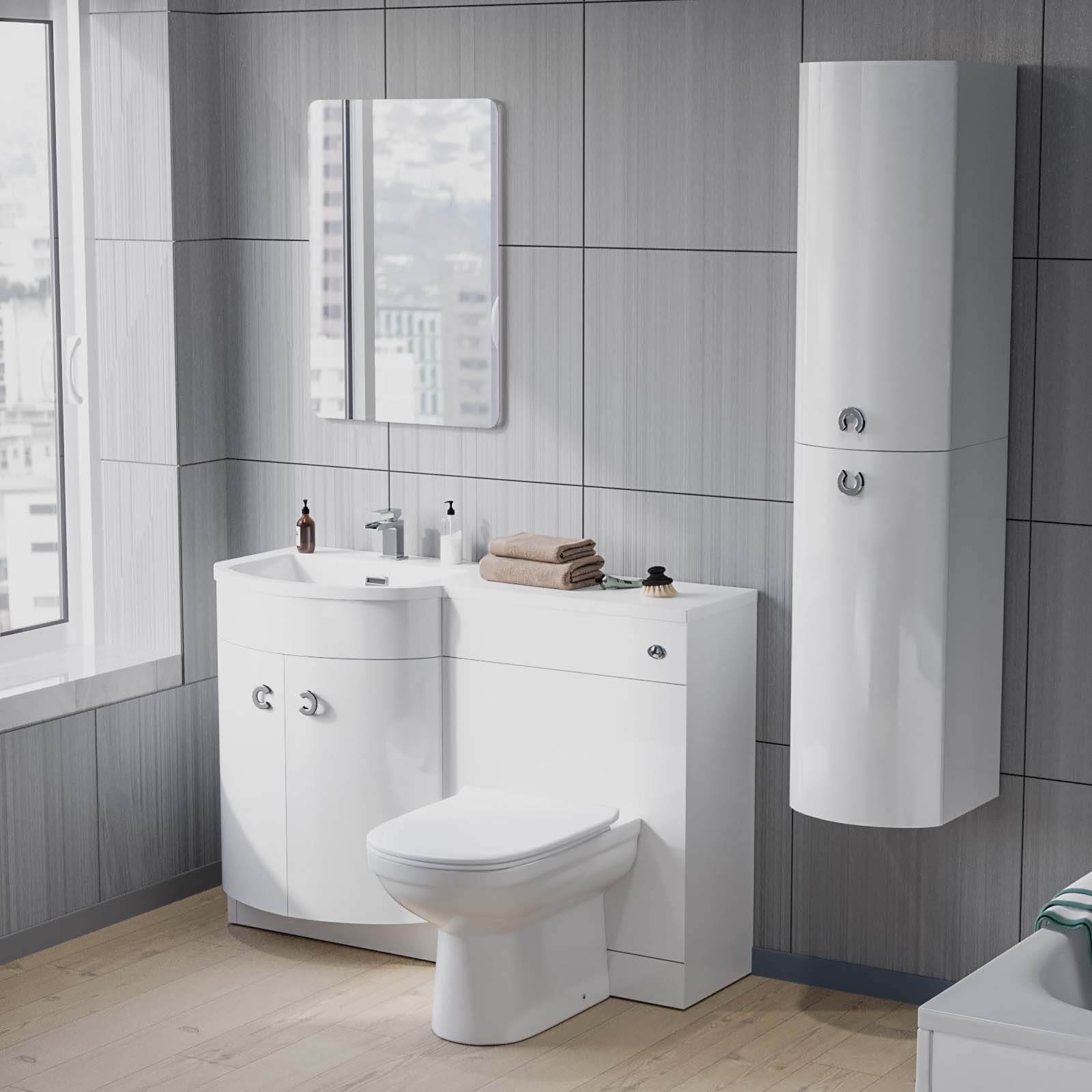 Dene 1100 mm Flat Pack P-Shape White LH Basin Vanity Unit, Toilet & Wall Hung Cabinet