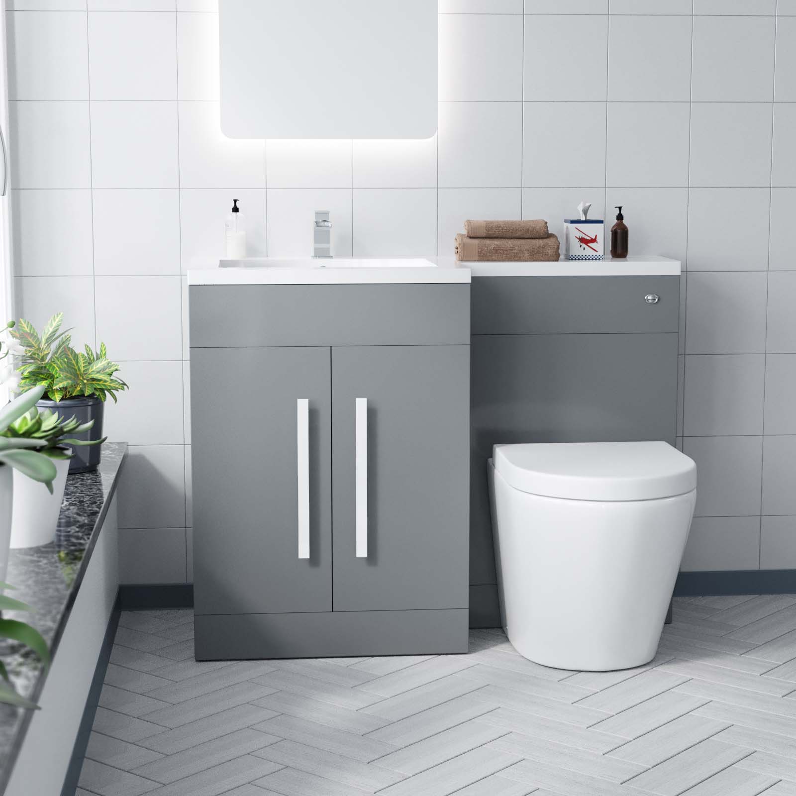 Aric 1100mm LH Freestanding LightGrey Vanity with BTW Rimless Toilet, WC & Basin