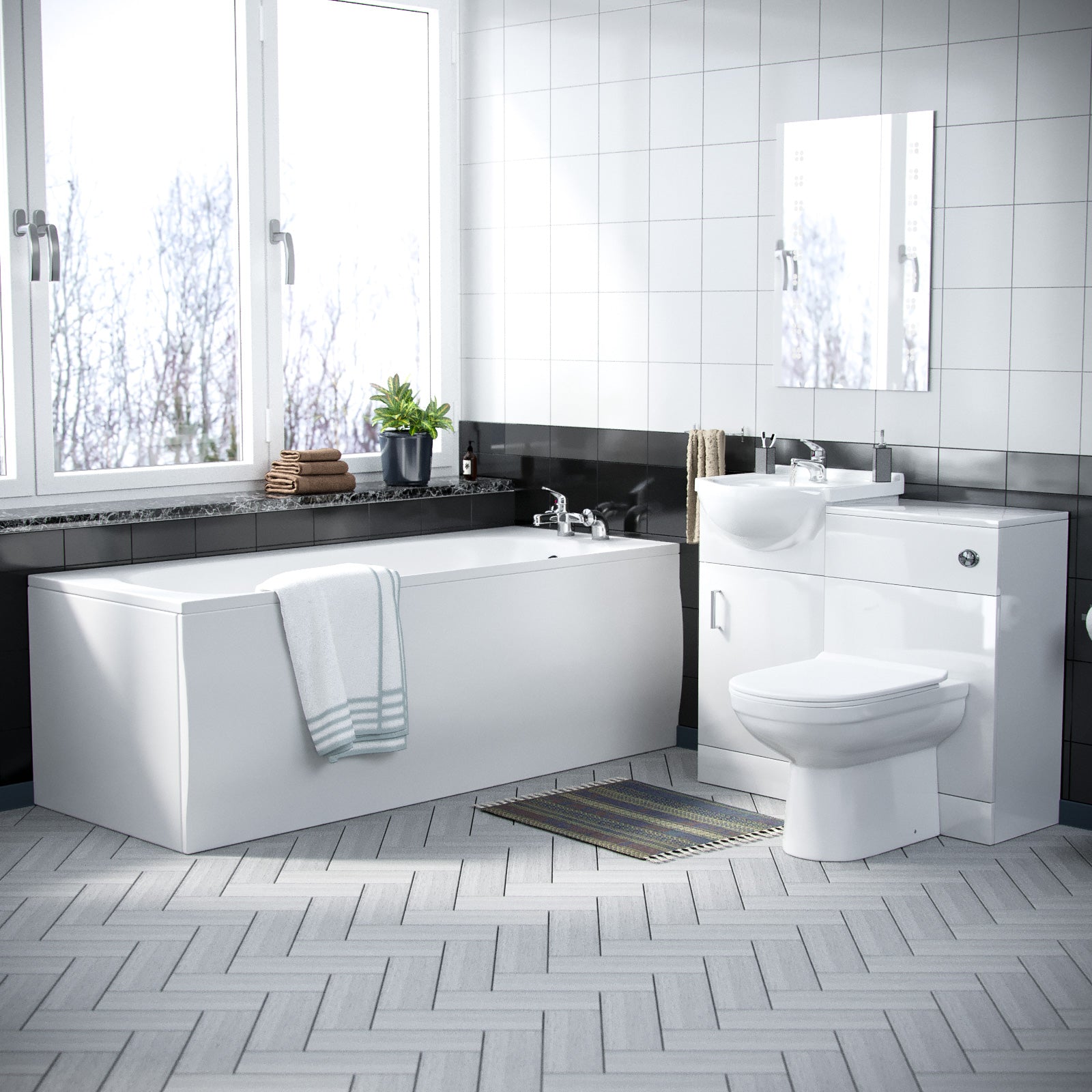 Ellen 1700mm Bath, 450mm Vanity Basin Unit Flat-Pack, WC Unit & Elso Back To Wall Toilet White