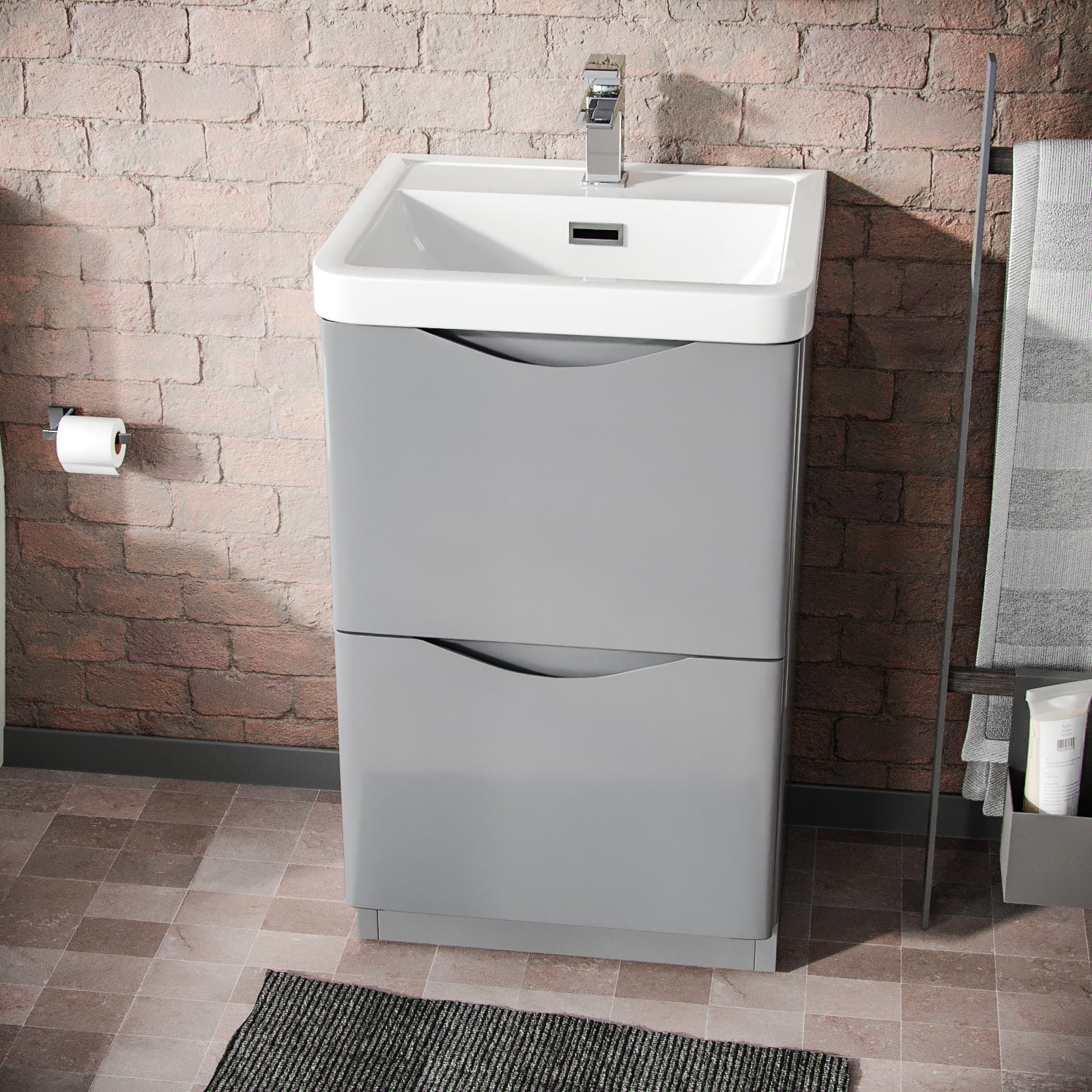 Merton 500 Grey Floor Standing Cabinet with 2 Soft Closing Drawers & Basin