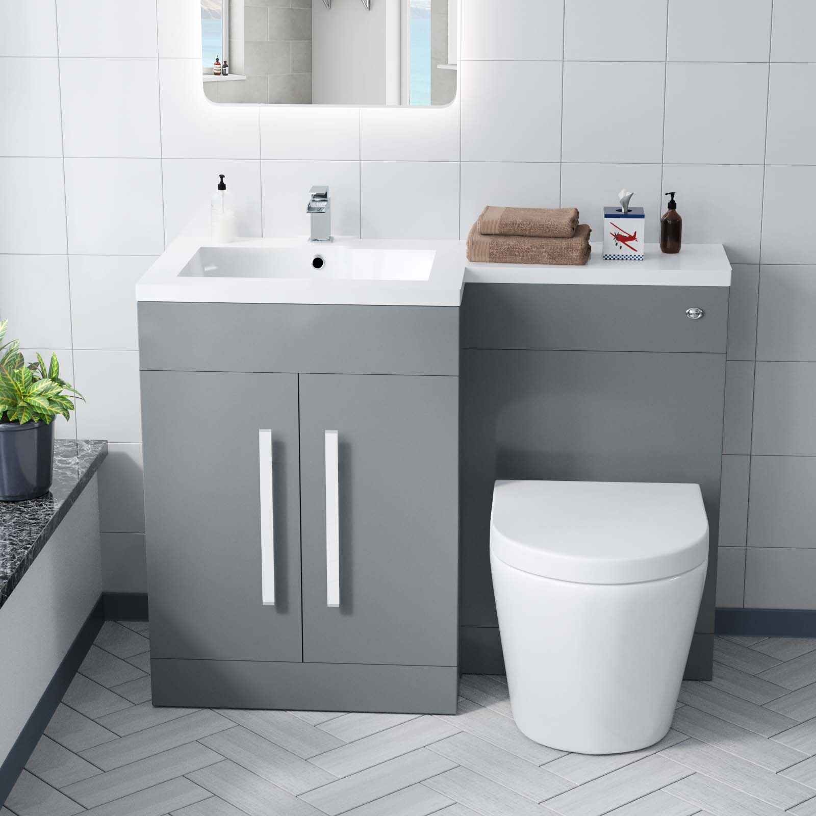 Aric 1100mm LH Freestanding LightGrey Vanity with BTW Rimless Toilet, WC & Basin