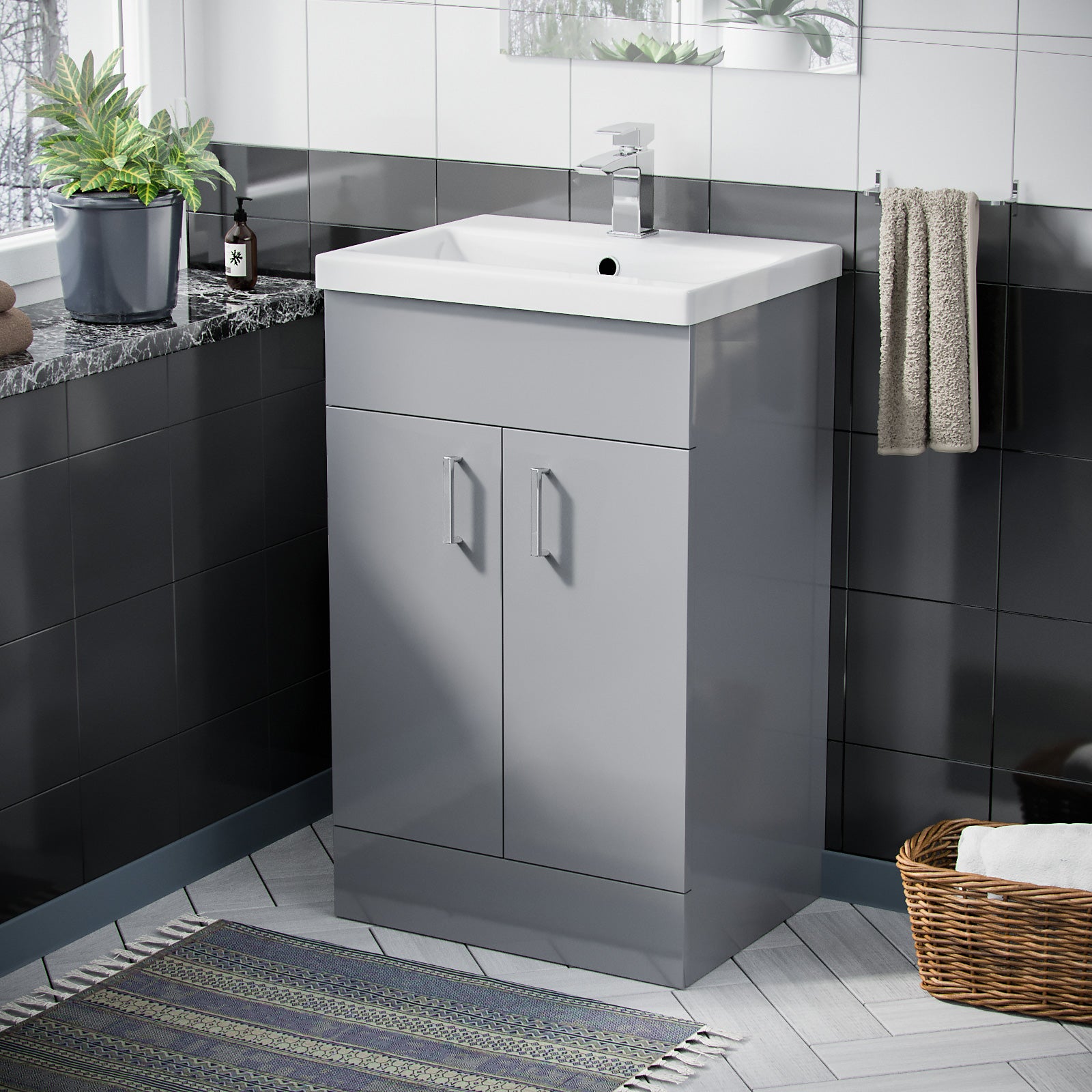 Nanuya 495mm Grey Floor Standing Vanity with 2 Doors & Basin - Flat Pack