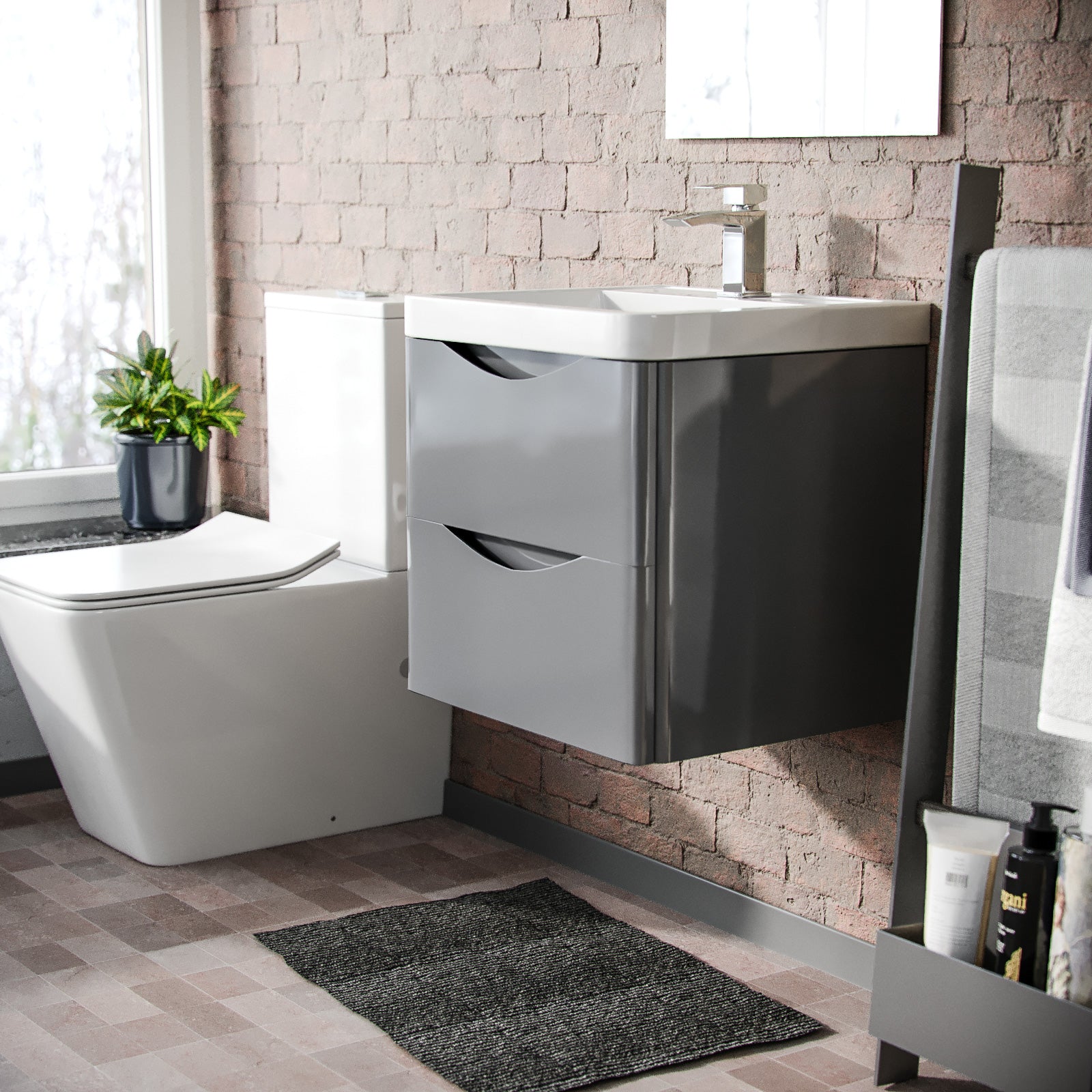 Merton 500 Grey Wall Hung Cabinet with 2 Soft Closing Drawers & Basin