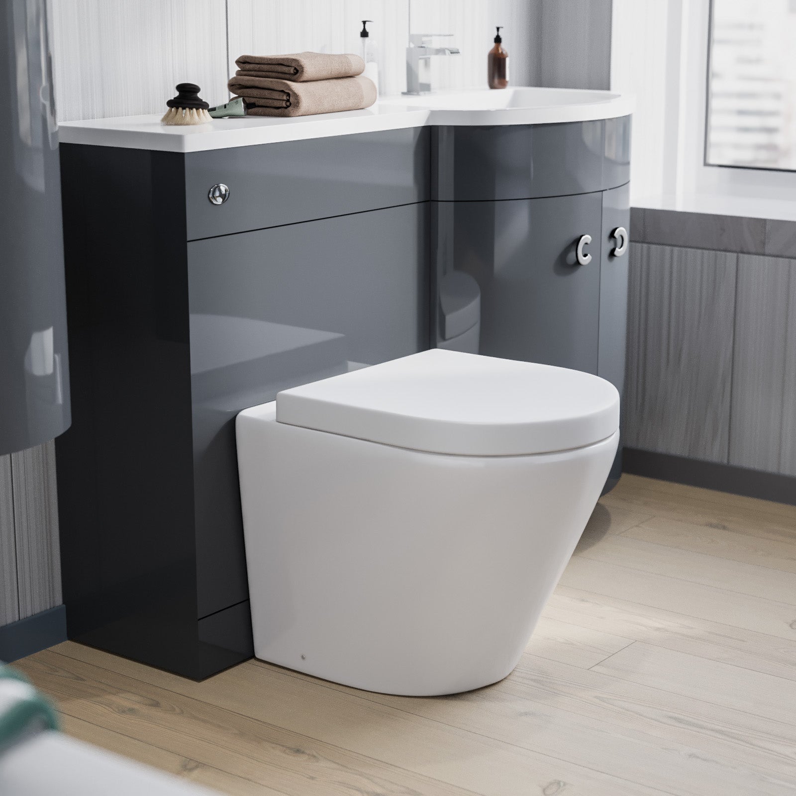 Dene 1100mm RH Grey Bathroom Vanity with WC, BTW Rimless Toilet & Wall Hung Cabinet