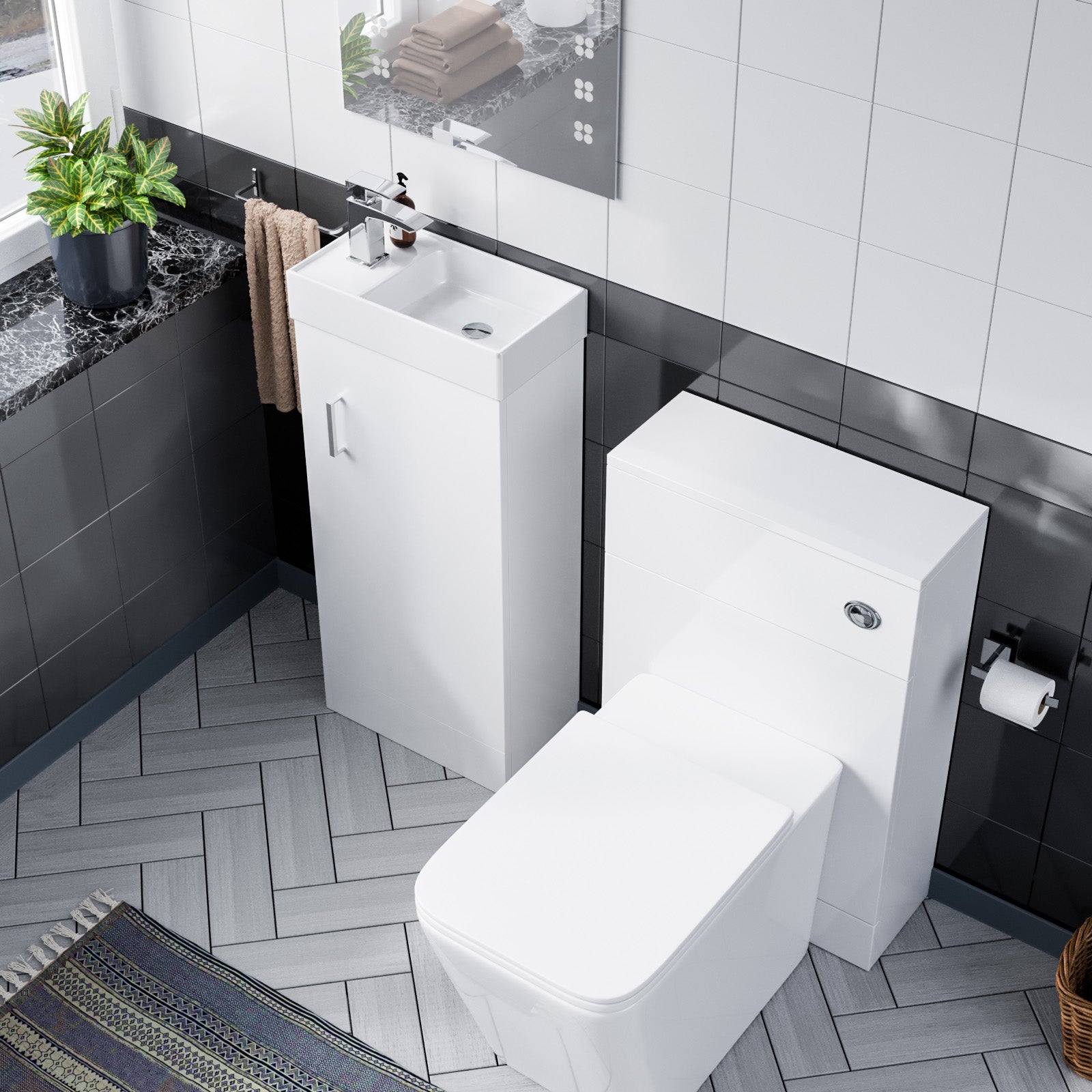 Nanuya 400mm White Floor Standing Vanity, WC Unit & Square BTW Rimless Toilet