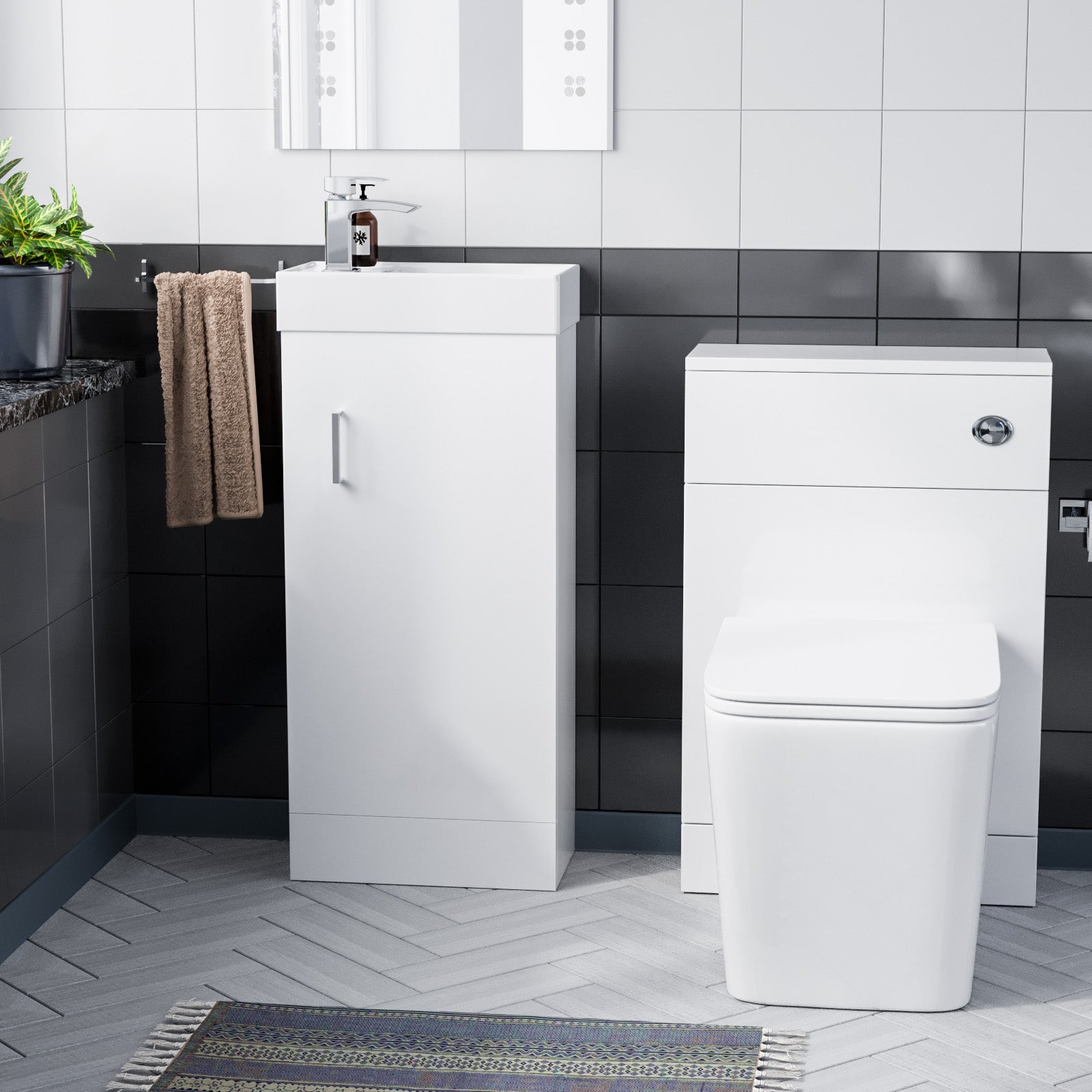 Nanuya 400mm White Floor Standing Vanity, WC Unit & Square BTW Rimless Toilet