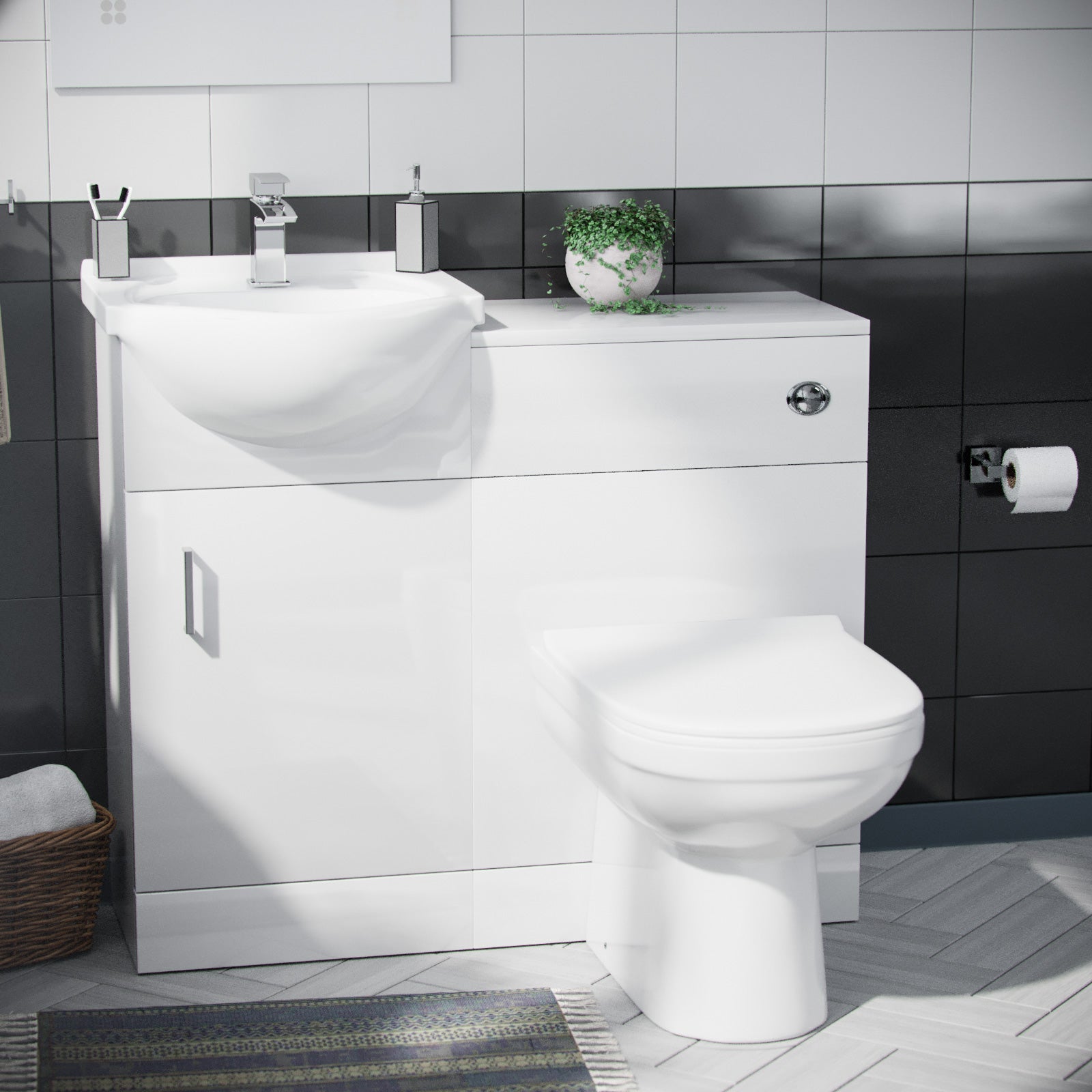 Ellen 1700mm Bath, 450mm Vanity Basin Unit Flat-Pack, WC Unit & Elso Back To Wall Toilet White
