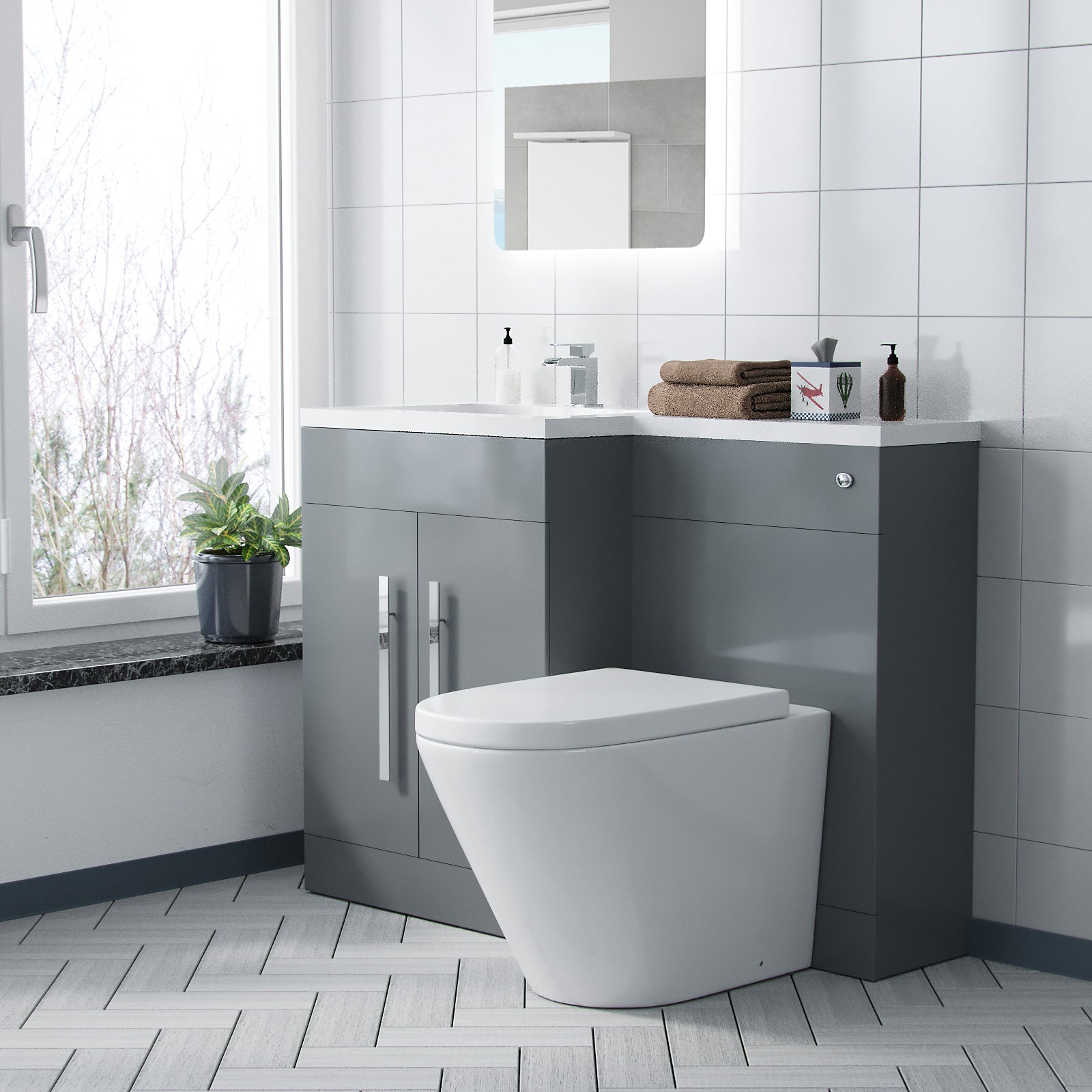 Aric 1100mm LH Rimless Round BTW Toilet, WC Unit & Resin Basin Grey