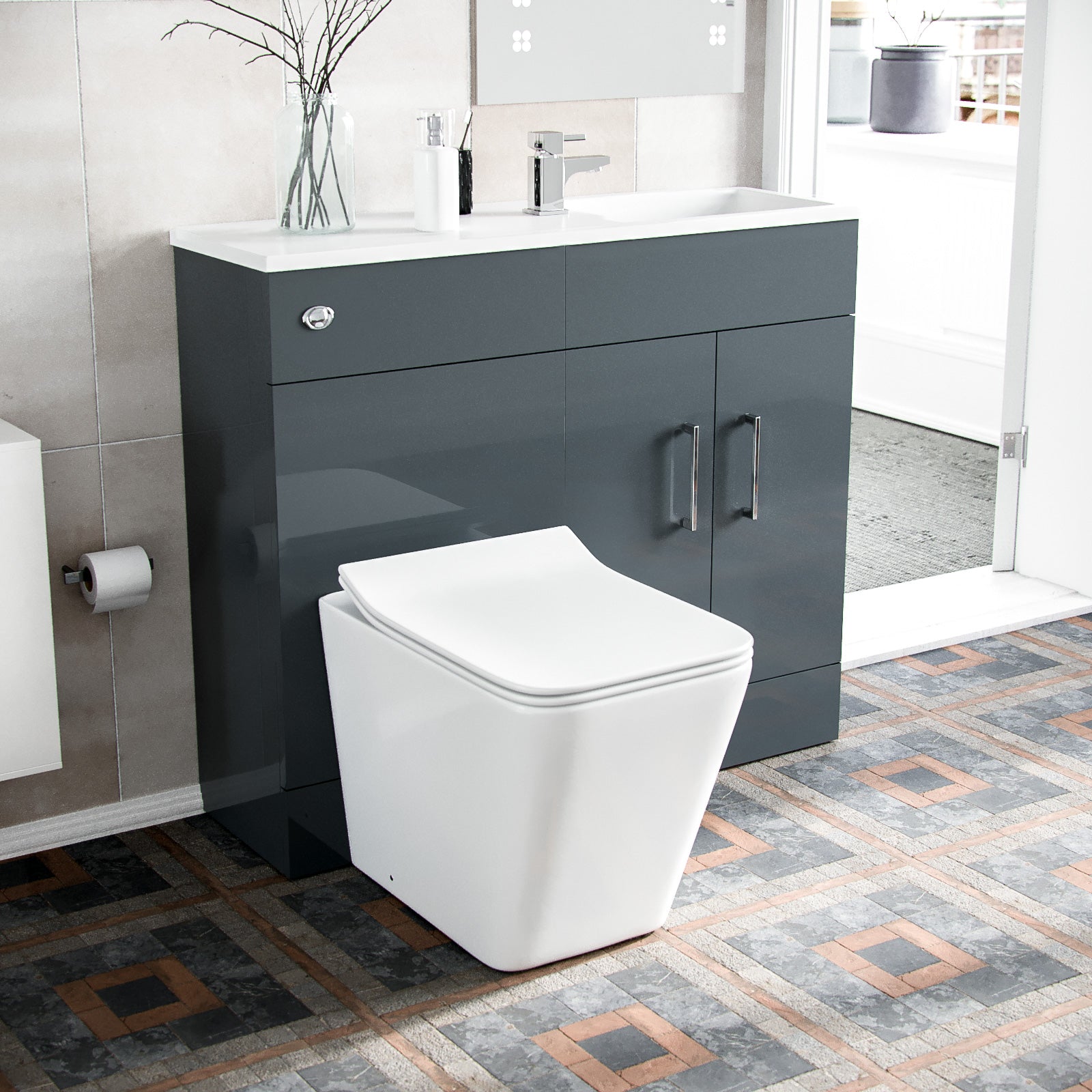 James 1000mm Slimline Grey Vanity Cabinet Basin and Square BTW Rimless Toilet