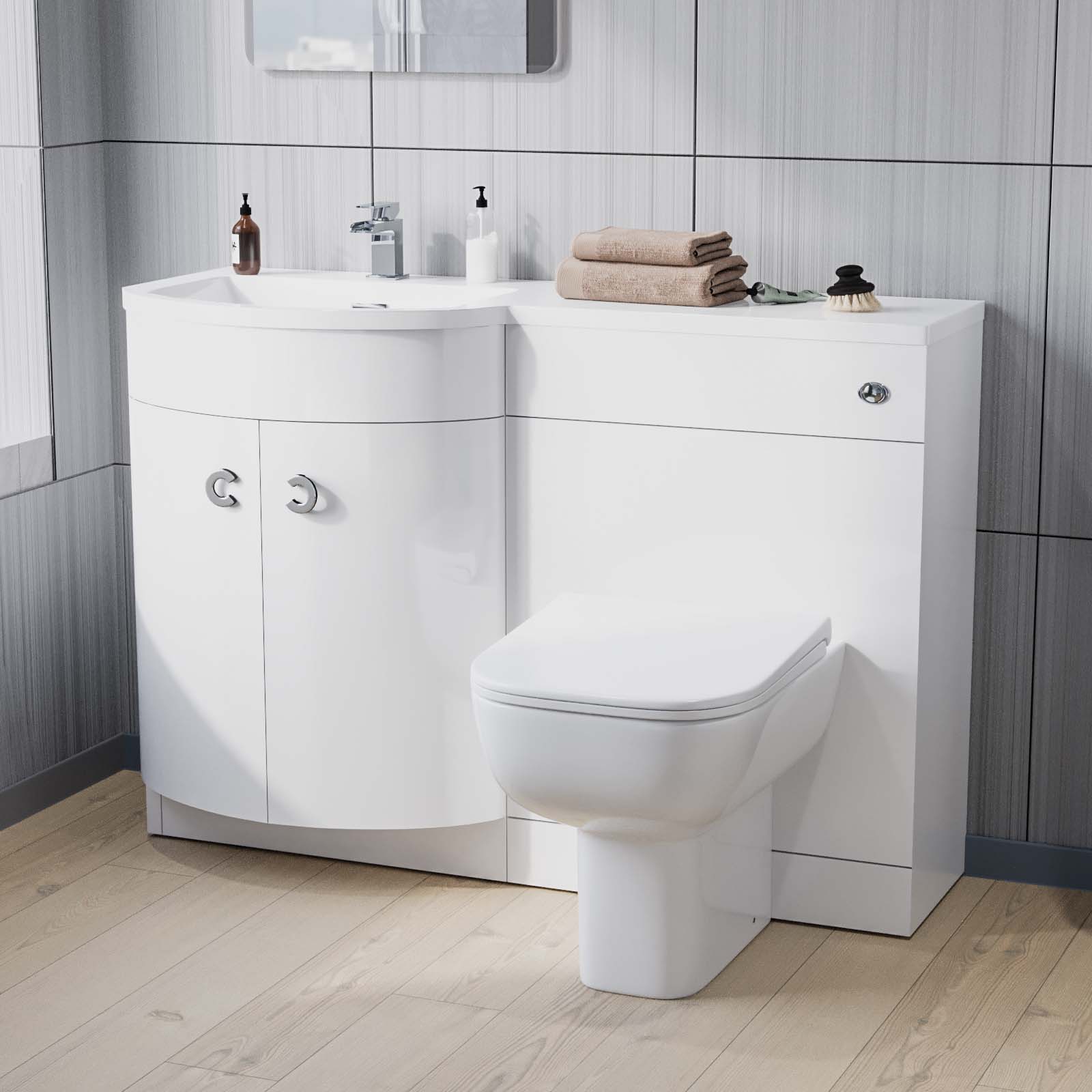 Dene 1100 mm P-Shape White LH Basin Vanity Unit, Toilet & Wall Hung Cabinet Flat Pack