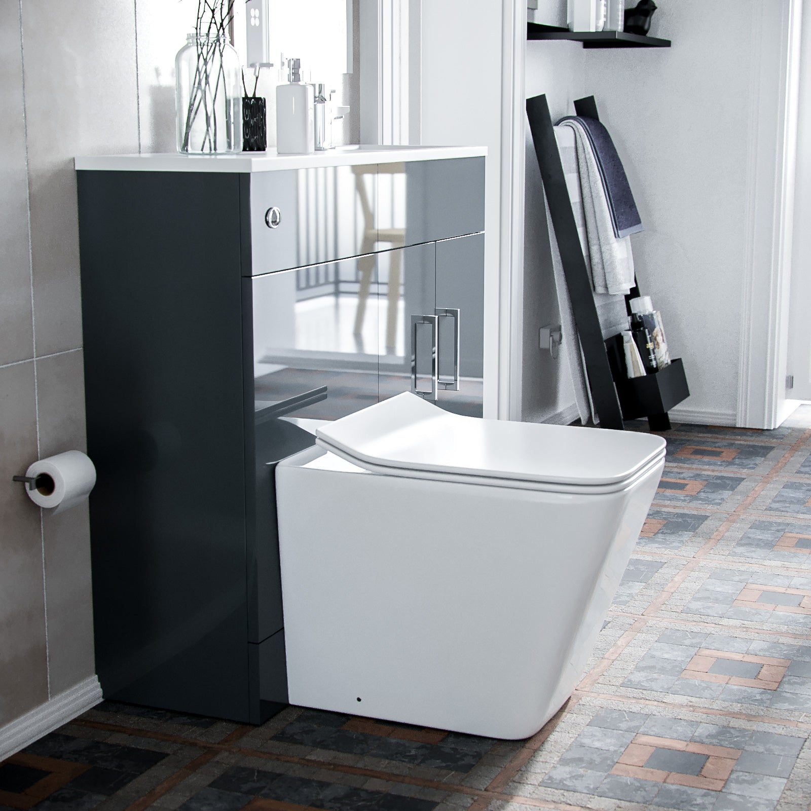 James 1000mm Slimline Grey Vanity Cabinet Basin and Square BTW Rimless Toilet