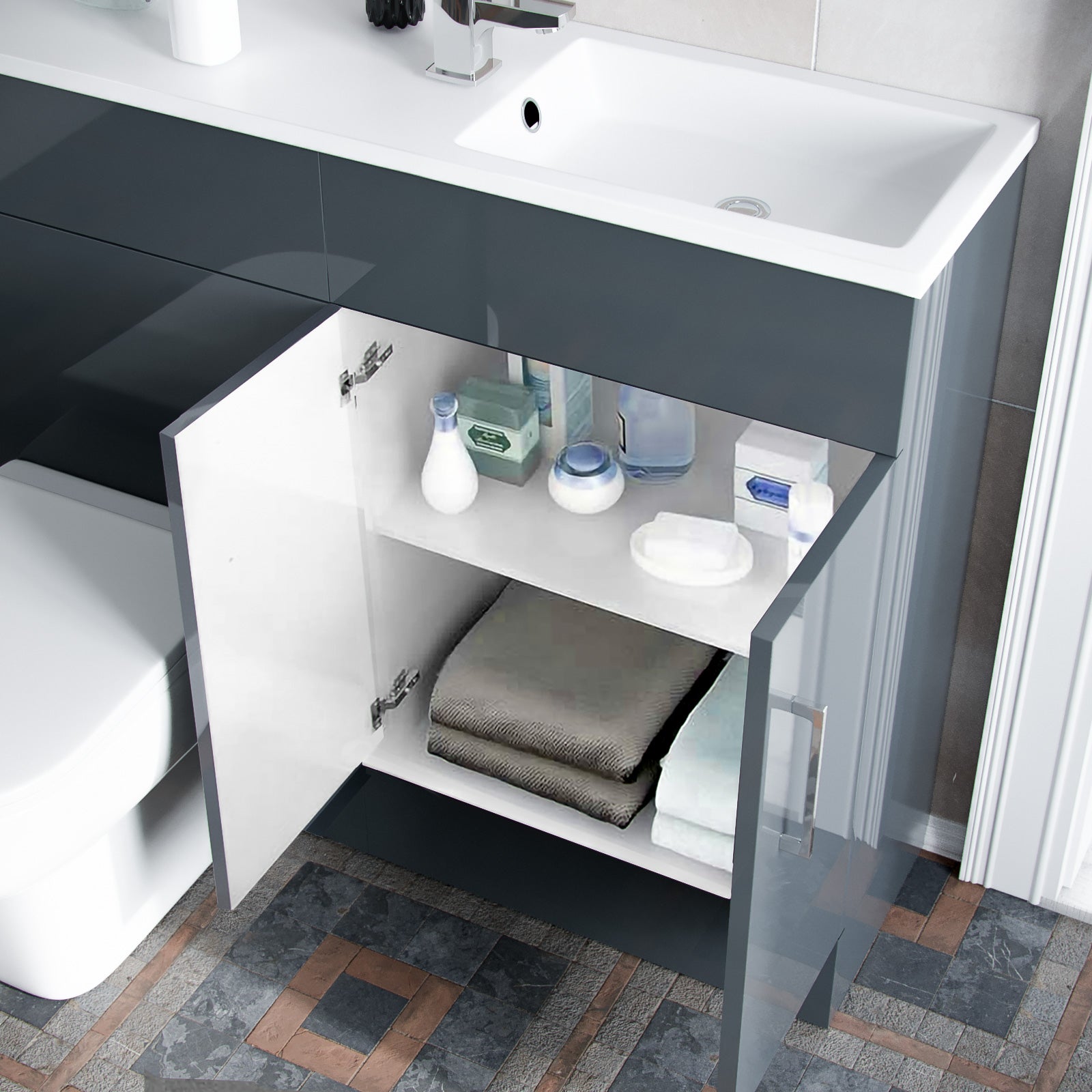 James 1000mm Slimline Grey Vanity Cabinet Basin and Square BTW Rimless Toilet