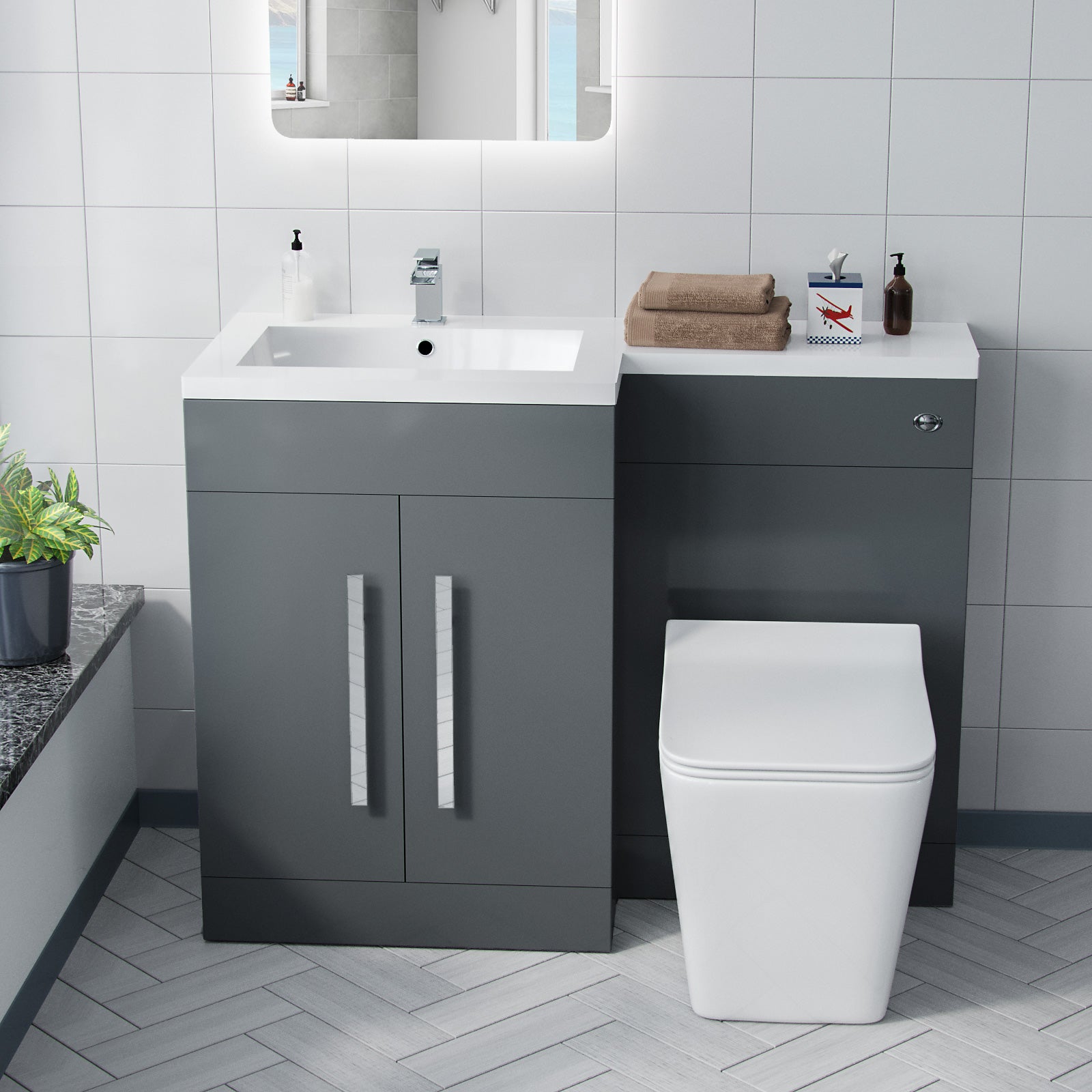 Aric 1100mm LH BTW Toilet, WC Unit & Resin Basin Grey Flat Pack