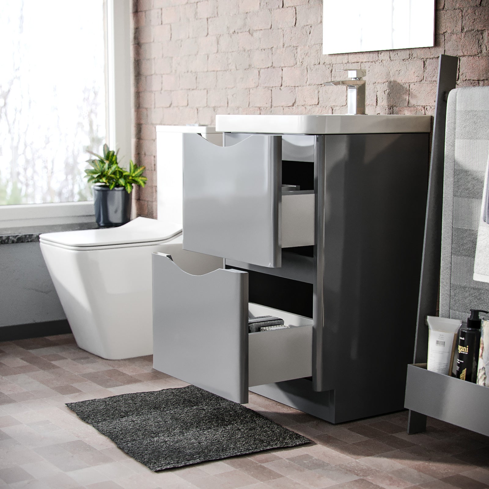 Merton 500 Grey Floor Standing Cabinet with 2 Soft Closing Drawers & Basin