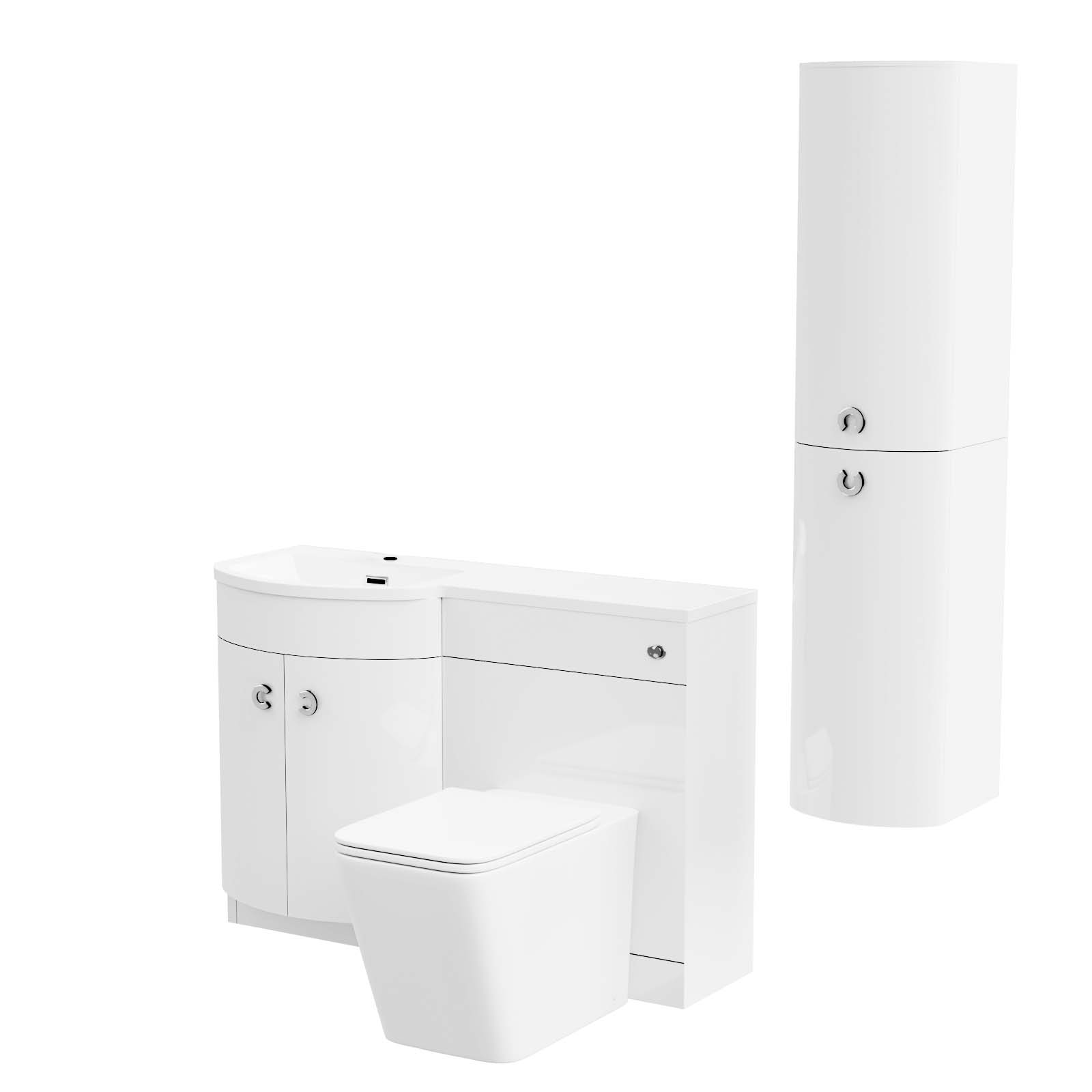 Dene 1100mm LH White Vanity, Square BTW Toilet, WC, Basin & Wall Hung Cabinet