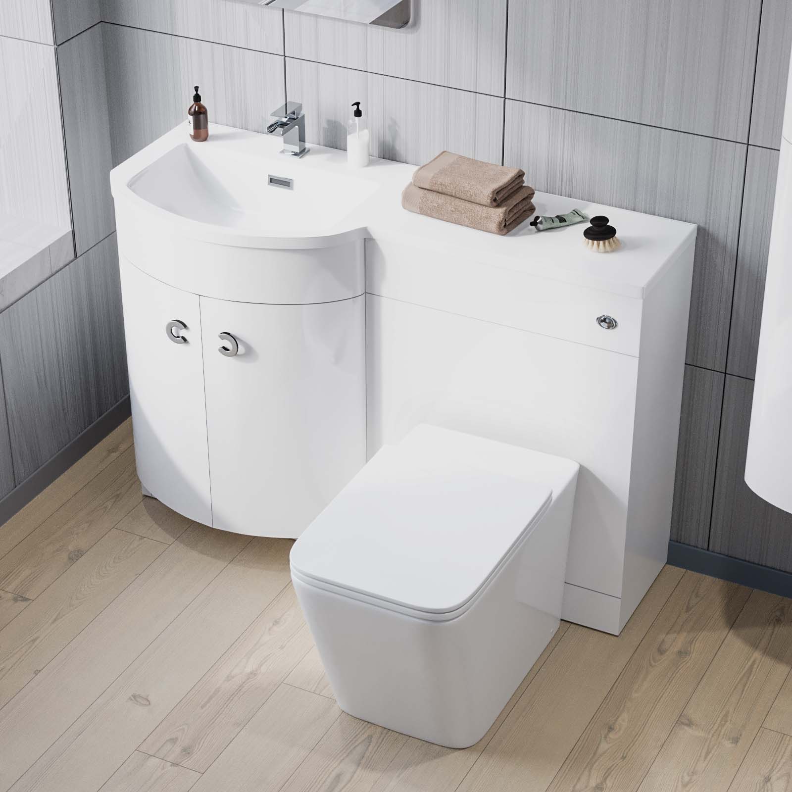 Dene 1100mm LH White Vanity, Square BTW Toilet, WC, Basin & Wall Hung Cabinet