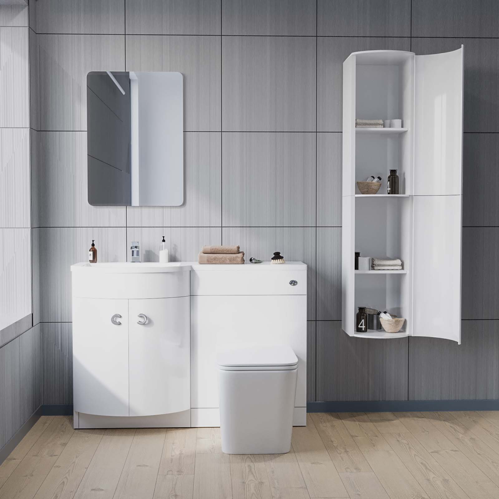 Dene 1100mm LH White Vanity, Square BTW Toilet, WC, Basin & Wall Hung Cabinet