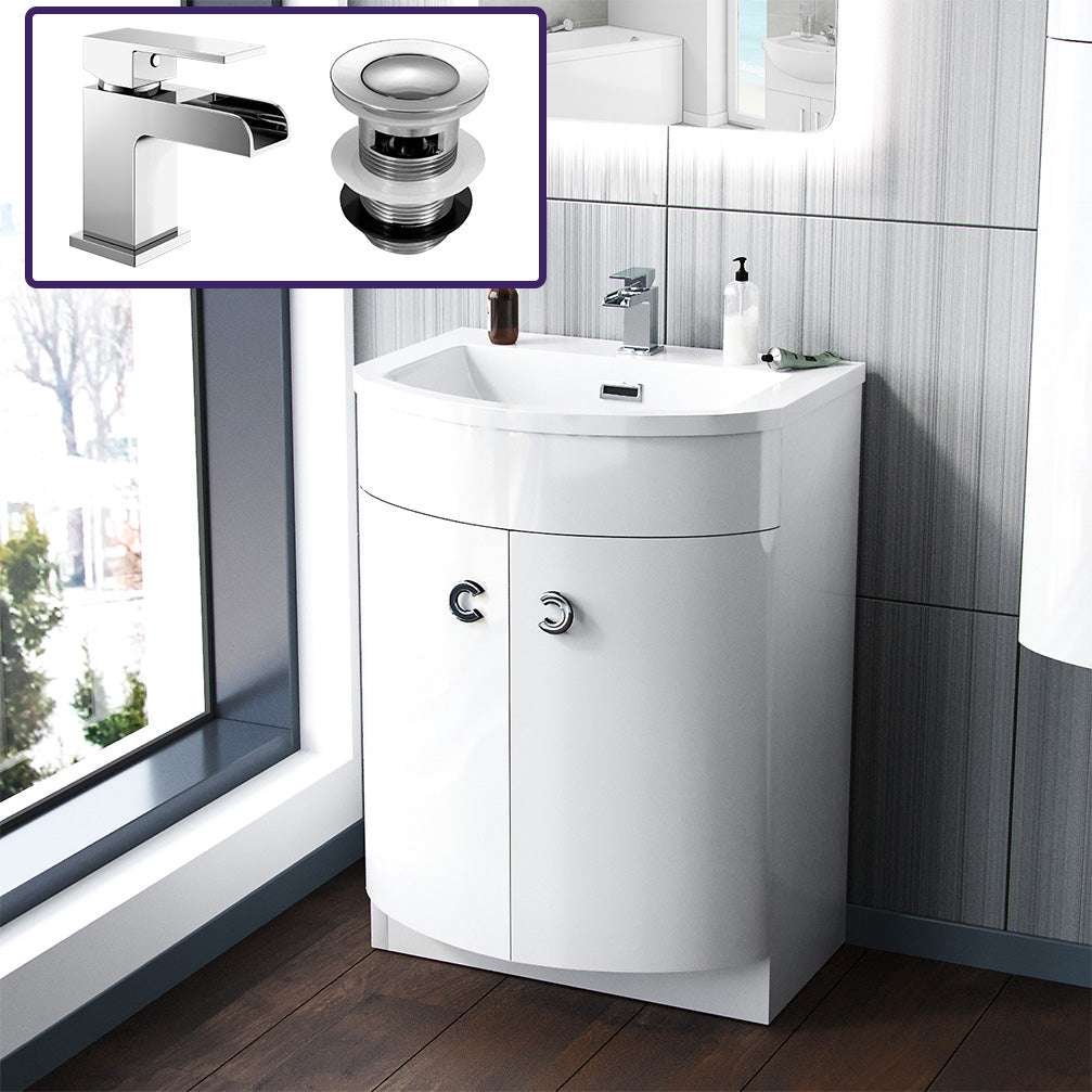 Dene | 600mm White Vanity with Basin and Waterfall Mono Mixer Tap Flat Pack