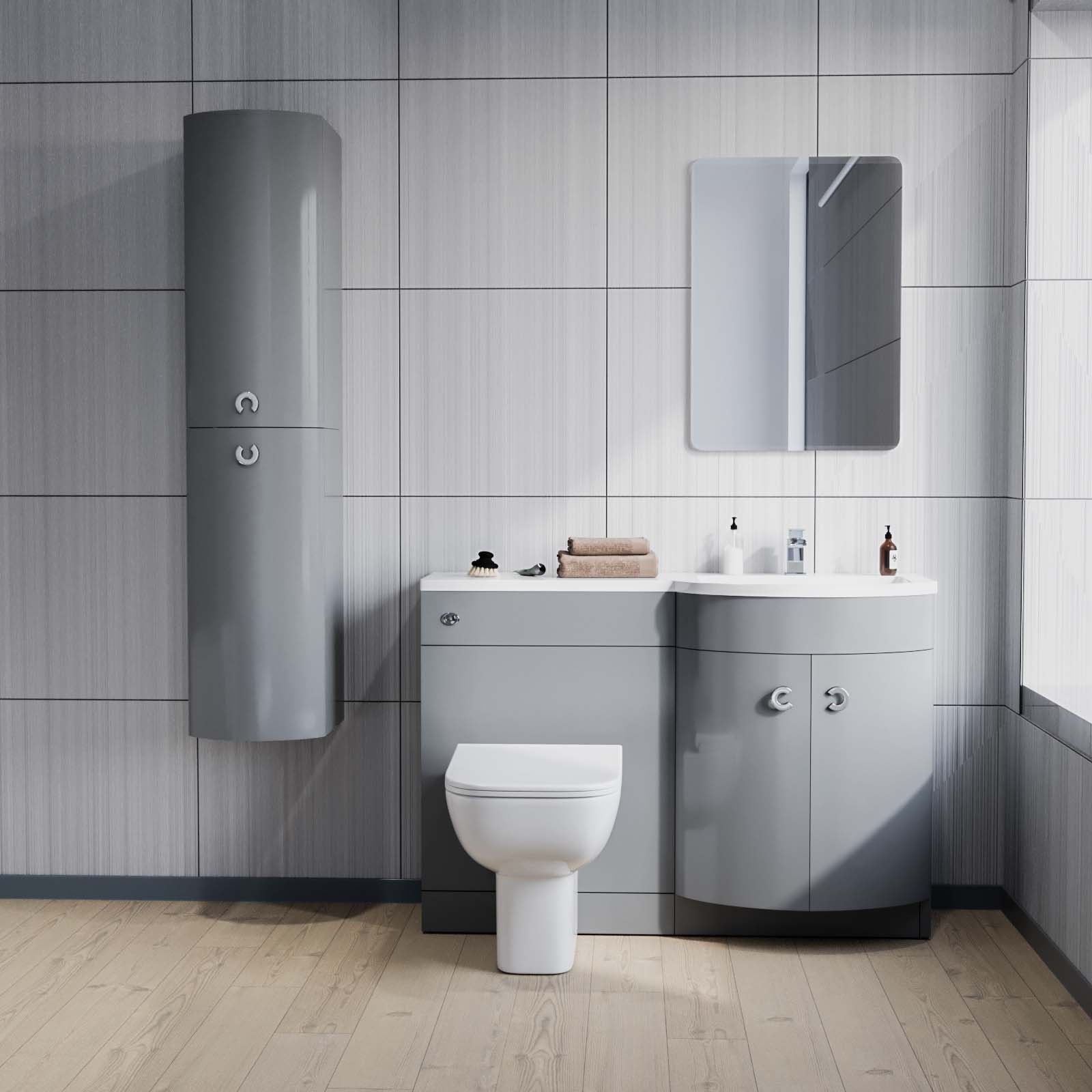 Dene 1100 mm P-Shape Grey RH Vanity Unit, Toilet & Wall Hung Cabinet Flat Pack