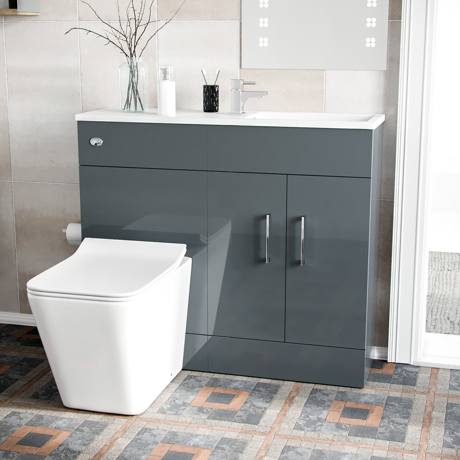 James 1000mm Slimline Grey Vanity Cabinet Basin and Square BTW Rimless Toilet