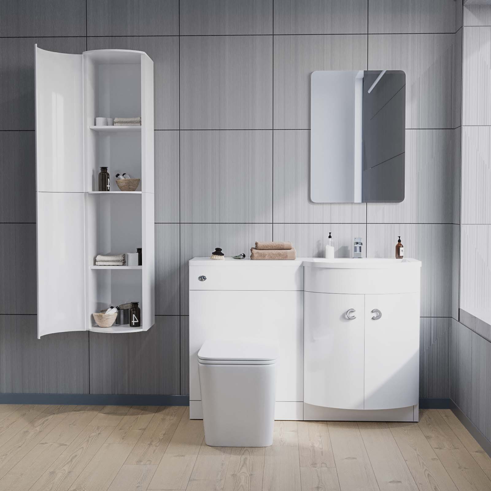 Dene 1100mm RH White Vanity, Square BTW Toilet, WC, Basin & Wall Hung Cabinet