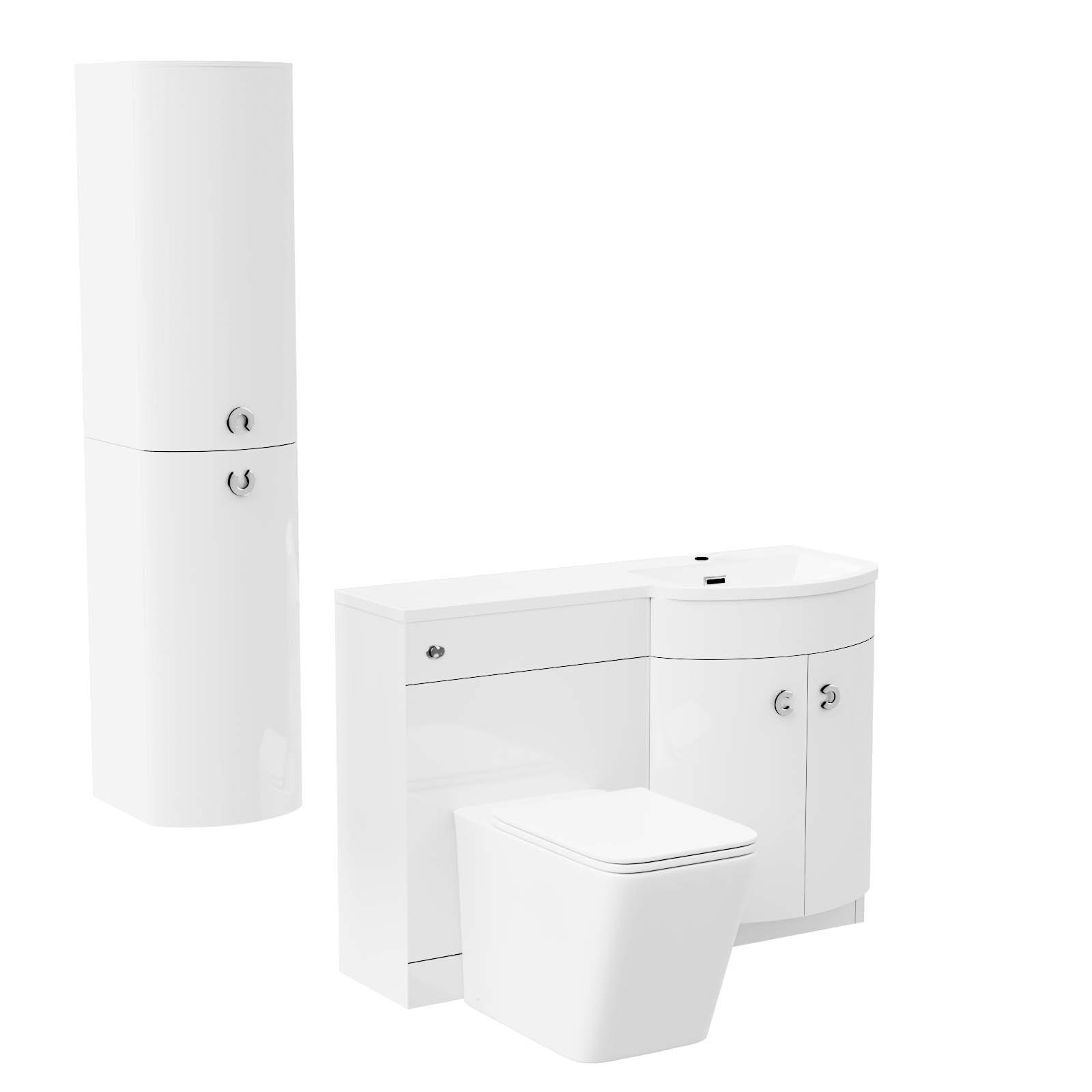 Dene 1100mm RH White Vanity, Square BTW Toilet, WC, Basin & Wall Hung Cabinet