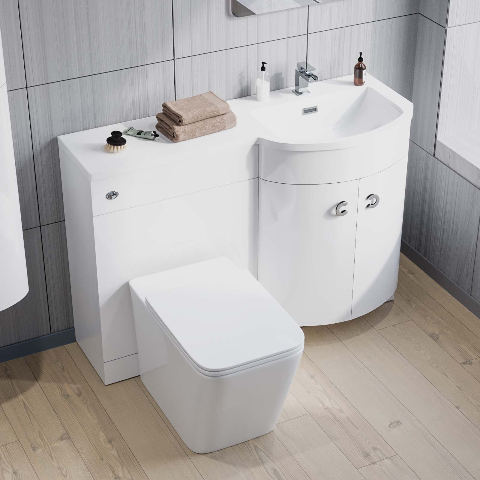 Dene 1100mm RH White Vanity, Square BTW Toilet, WC, Basin & Wall Hung Cabinet