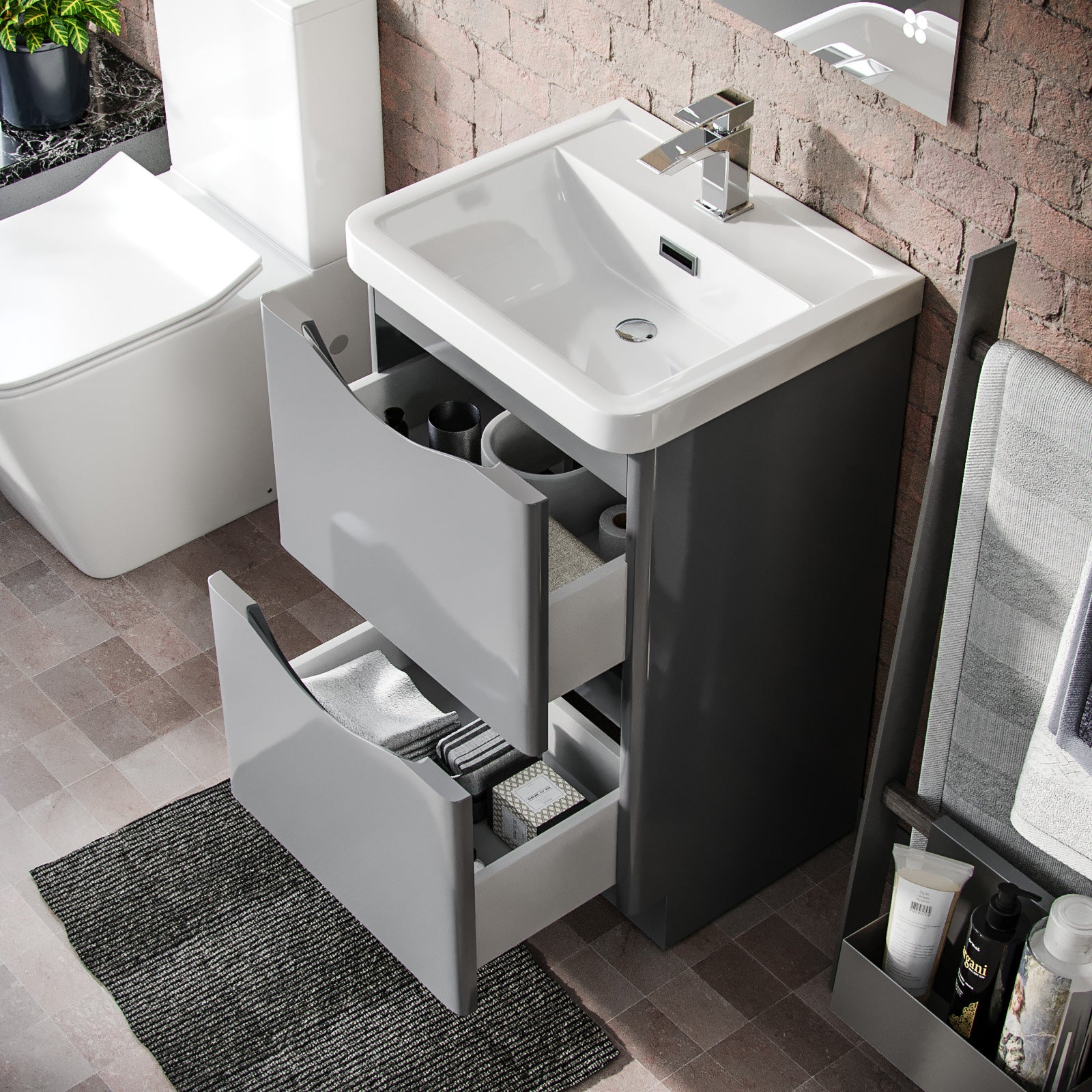 Merton 500 Grey Floor Standing Cabinet with 2 Soft Closing Drawers & Basin