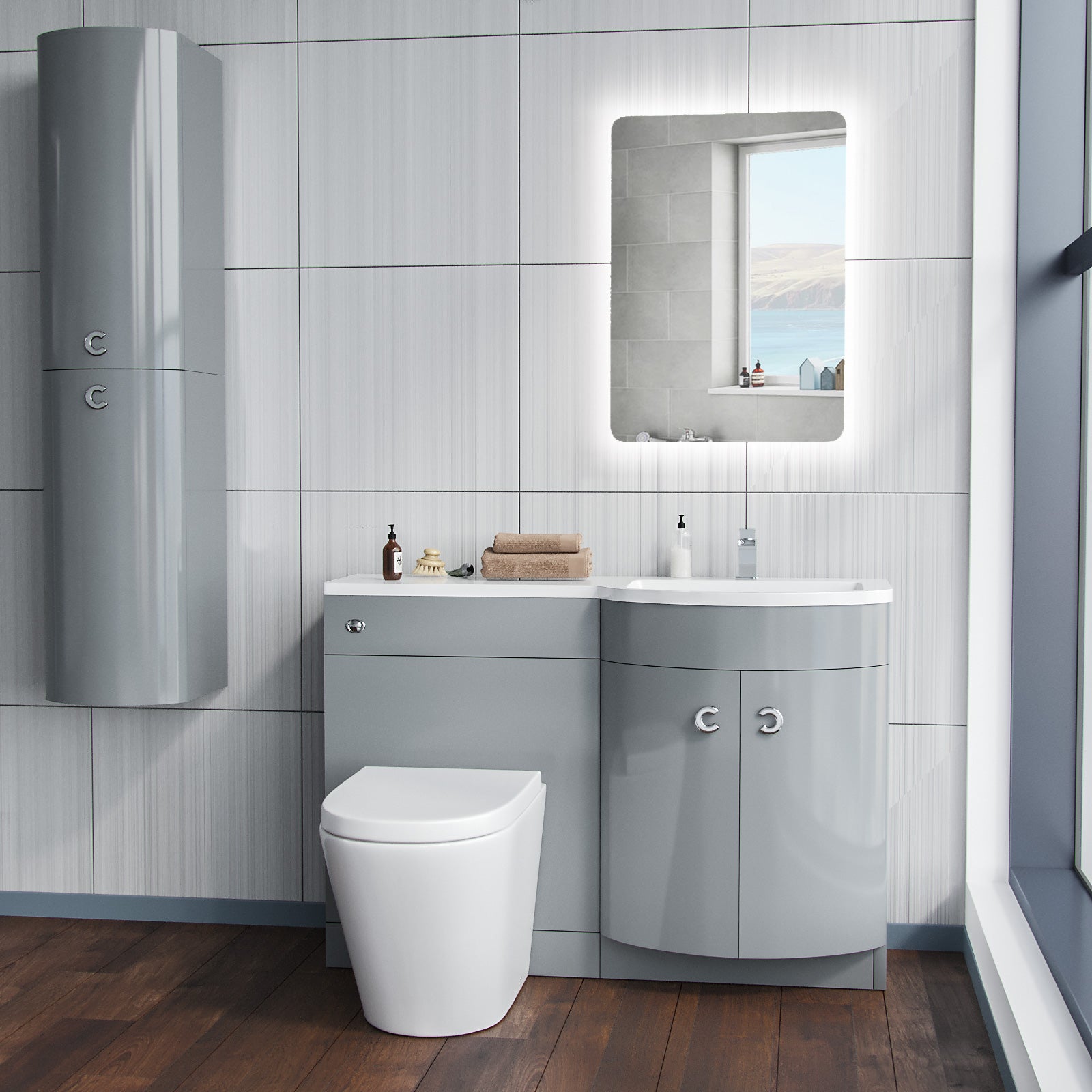 Dene 1100mm RH Back To Wall toilet, Soft Close Toilet & Resin Basin Grey