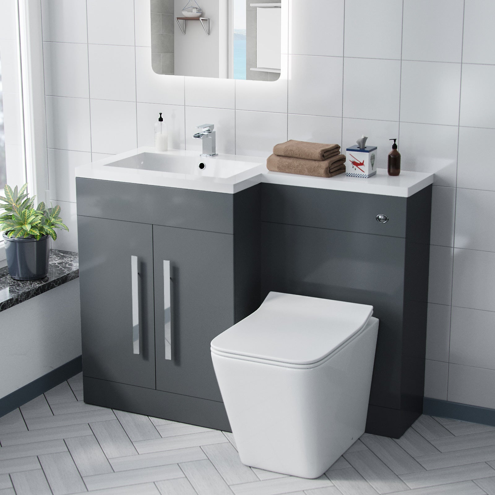 Aric 1100mm LH BTW Toilet, WC Unit & Resin Basin Grey Flat Pack