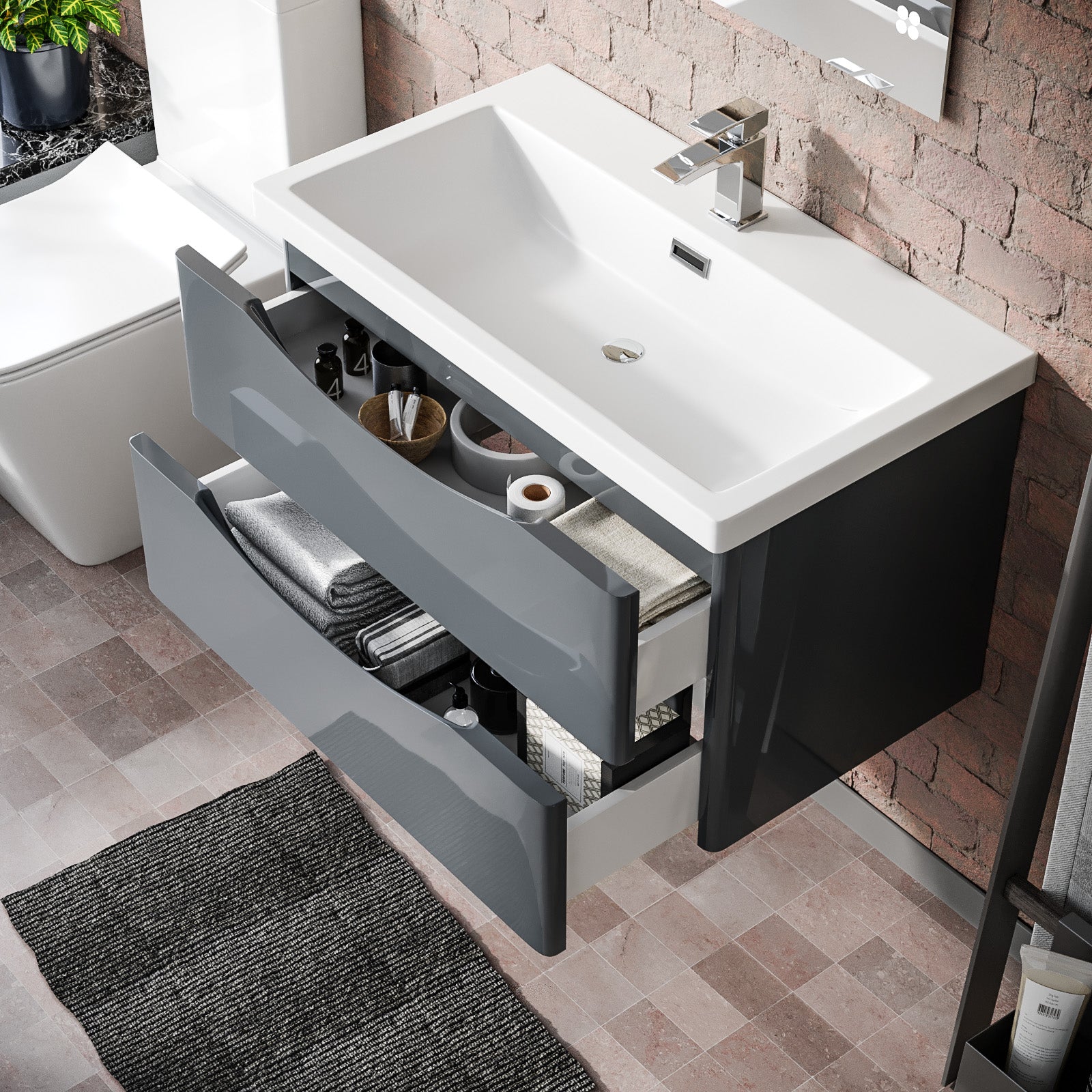 Merton Modern 800mm Grey Wall Hung  Basin Sink Flat Pack Vanity