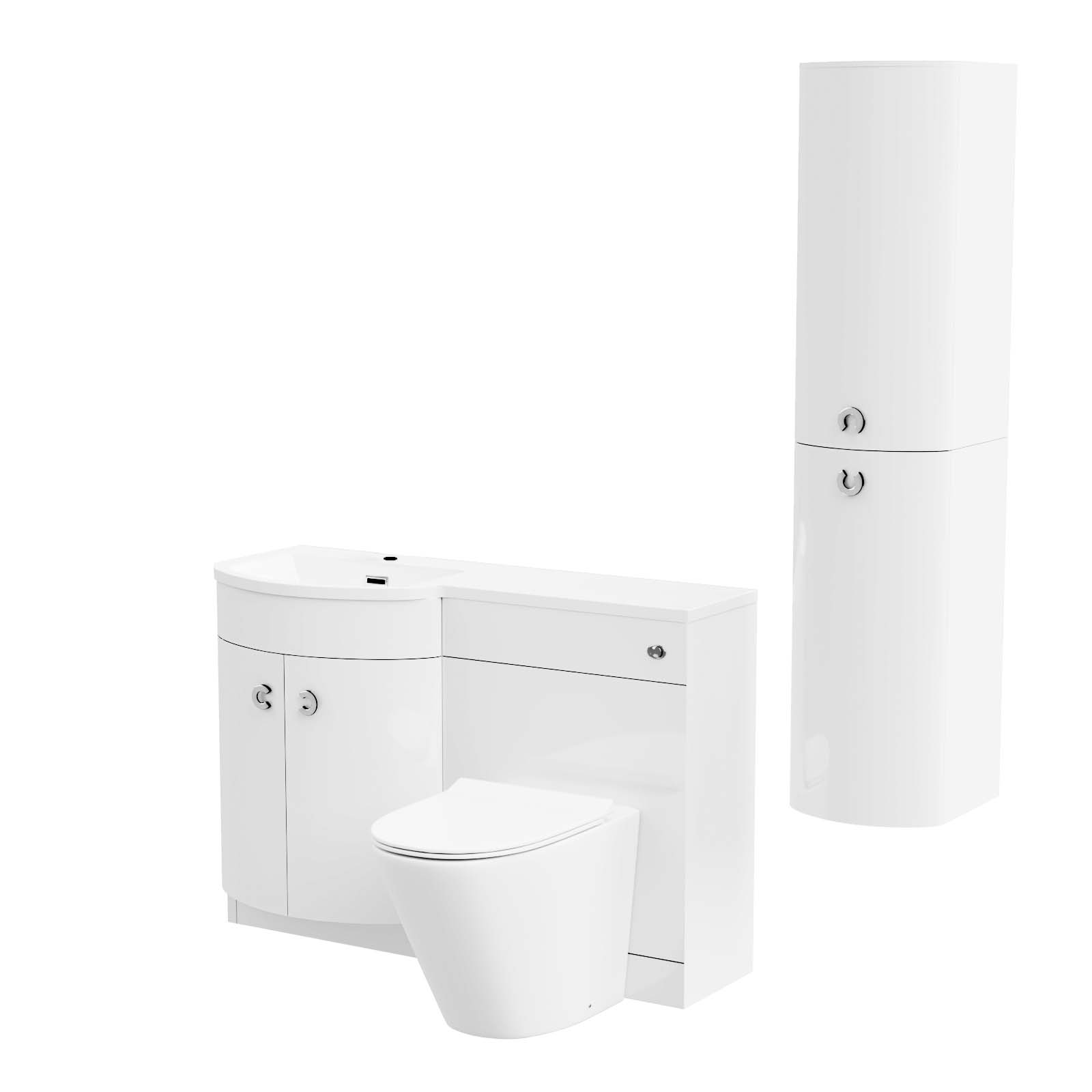 Dene 1100 mm P-Shape White LH Basin Vanity, Rimless Toilet & Wall Hung Cabinet FP