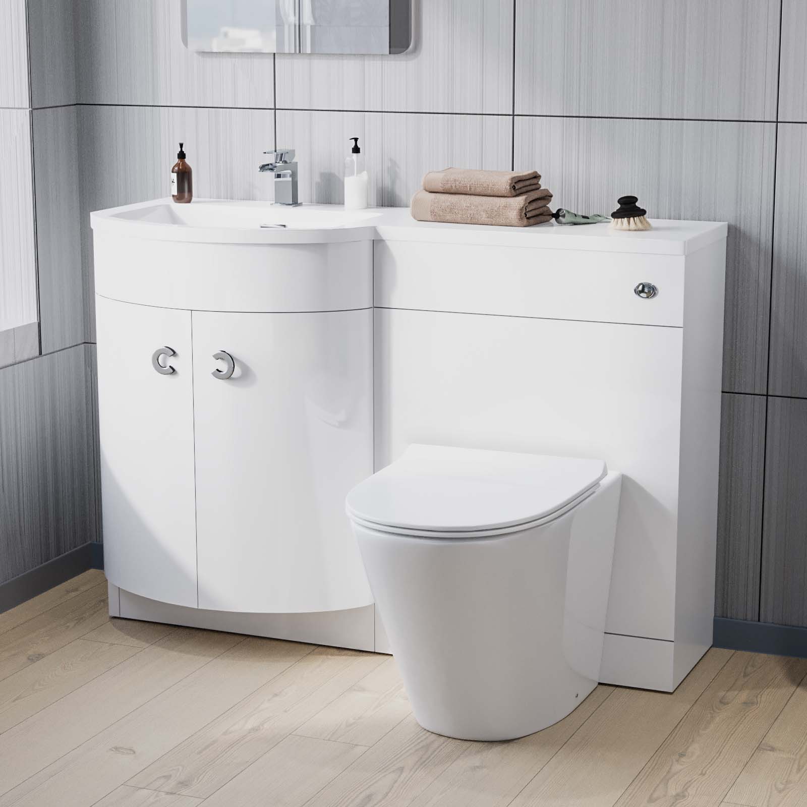 Dene 1100 mm P-Shape White LH Basin Vanity, Rimless Toilet & Wall Hung Cabinet FP