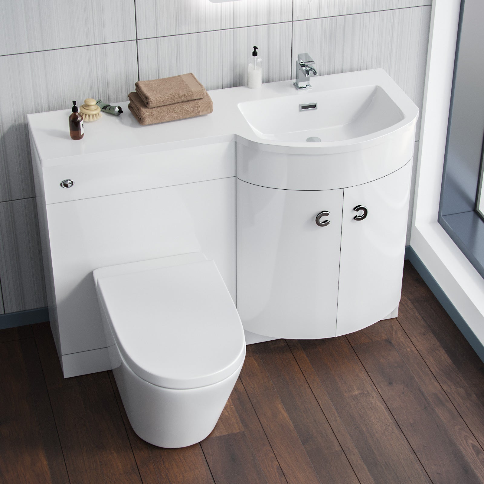 Dene | 1100mm RH Back To Wall toilet, Soft Close Toilet & Resin Basin White