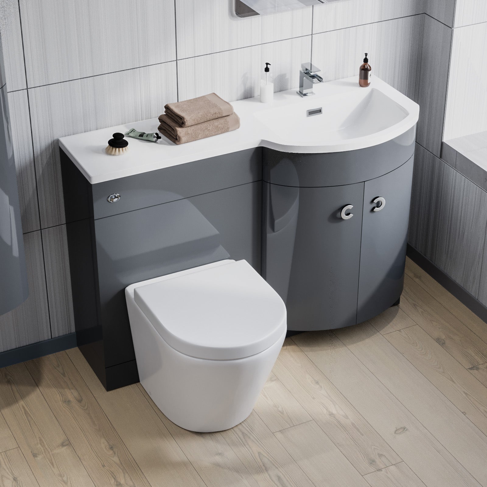 Dene 1100mm RH Grey Bathroom Vanity with WC, BTW Rimless Toilet & Wall Hung Cabinet