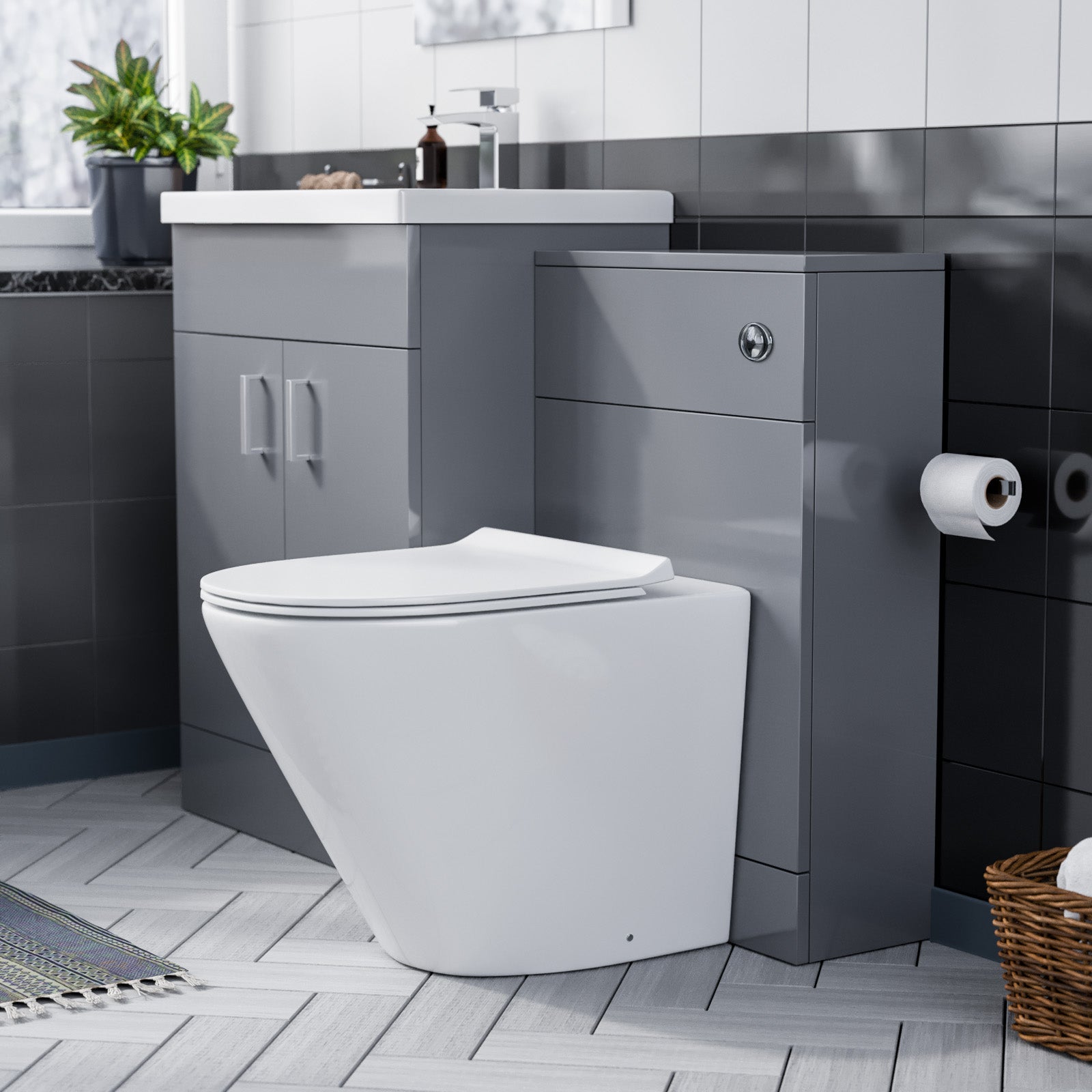 Grey 600mm Floor Standing Vanity Ceramic Basin BTW Toilet & WC Unit Flat Pack